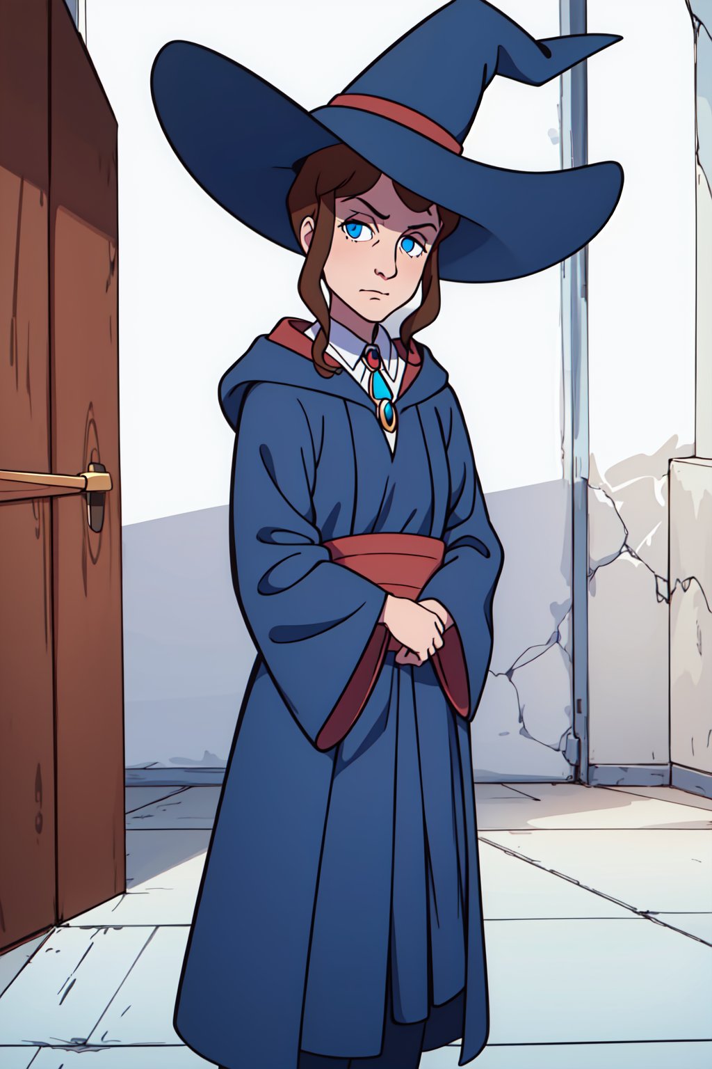 (1girl, solo,(Anne_finnelan), (old woman), brown hair, blue eyes,blue robe, witch,standing, looking at viewer, crossing arms)