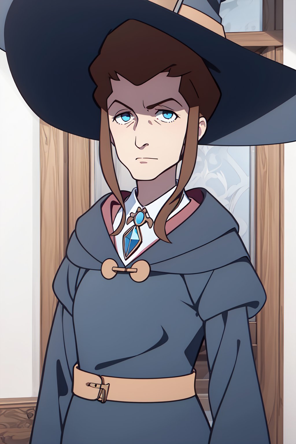 (1girl, solo,(Anne_finnelan), (old woman), brown hair, blue eyes, witch, witch hat, blue robe, hat feather,standing, looking at viewer, blue dress)