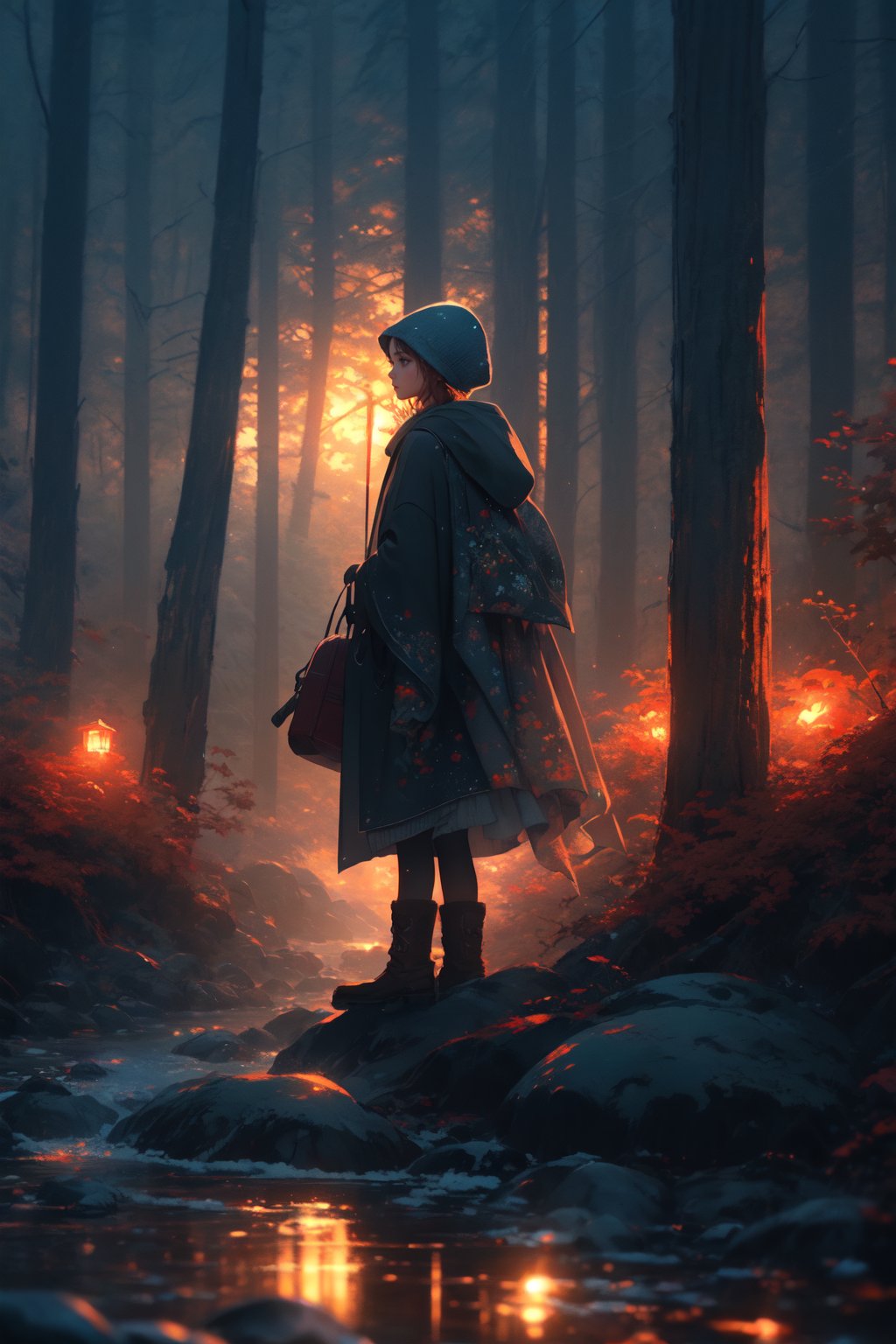 1 woman, solo, snow, long hair, hood, fire, outdoors, brown hair, boots, snowing, from side, tree, suitcase, cloak, blurry, hood up, forest, gloves, nature, brown eyes, red gloves, squatting, closed mouth, hooded cloak, winter, depth of field, black footwear, red cloak <lora:jellyfish-noise:1>BREAKbackground  Japanese of the image features a lush, green forest with many trees. The trees are densely packed, creating a canopy that provides a natural and serene atmosphere. The forest appears to be thriving and full of life, making it a beautiful and captivating setting.BREAKMasterpiece, colors, 3d octane render, 4k, concept art, trending on artstation, hyperrealistic, Vivid colors, extremely detailed CG unity 8k wallpaper, trending on ArtStation, trending on CGSociety, Intricate, High Detail, dramatic,(super detailed), (beautiful background, detailed background),(front lighting:1.5), (Extremely Detailed Oil Painting:1.2), glow effects, godrays, Hand drawn, render, 8k, octane render, cinema 4d, blender, dark, atmospheric 4k ultra detailed, cinematic sensual, Sharp focus, humorous illustration, big depth of field, Masterpiece, colors, 3d octane render, 4k, concept art, trending on artstation, hyperrealistic, Vivid colors, extremely detailed CG unity 8k wallpaper, trending on ArtStation, trending on CGSociety, Intricate, High Detail, dramatic