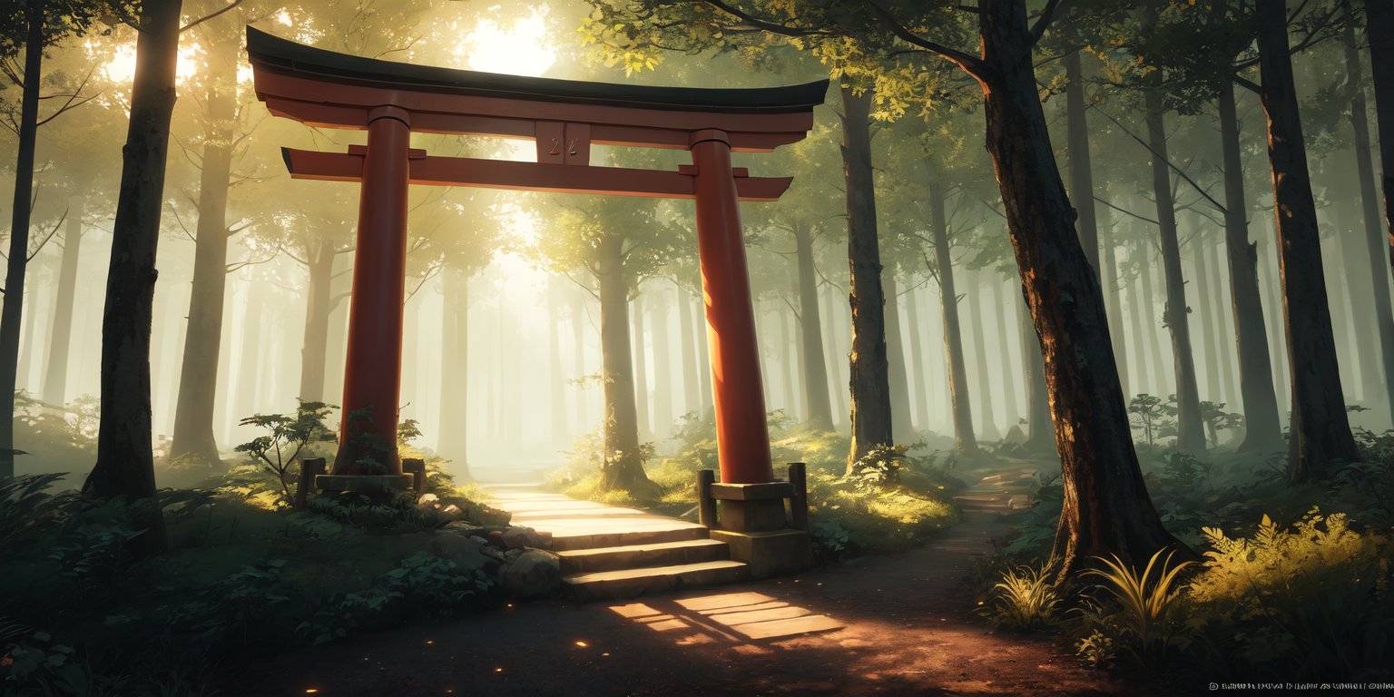 A captivating Japanese torii gate, standing tall amidst an enchanted bioluminescent forest that emanates ethereal beauty and a touch of magic. This mesmerizing scene is inspired by the unique style of Cathleen McAllister, blending elements of realism and fantasy. The torii gate is illuminated by the soft, enchanting glow of bioluminescent bugs, creating a wondrous and otherworldly atmosphere. The digital artwork is a testament to the artist's creativity and attention to detail, transporting viewers to a world of enchantment and awe. The color scheme features a mesmerizing array of luminescent hues, adding to the magical allure of the forest. Skillfully using digital art techniques, the artist brings the scene to life, evoking a sense of wonder and inviting viewers to immerse themselves in this enchanting realm.(octane render, unreal engine 5), (waifu, anime, exceptional, best aesthetic, new, newest, best quality, masterpiece, extremely detailed:1.2),