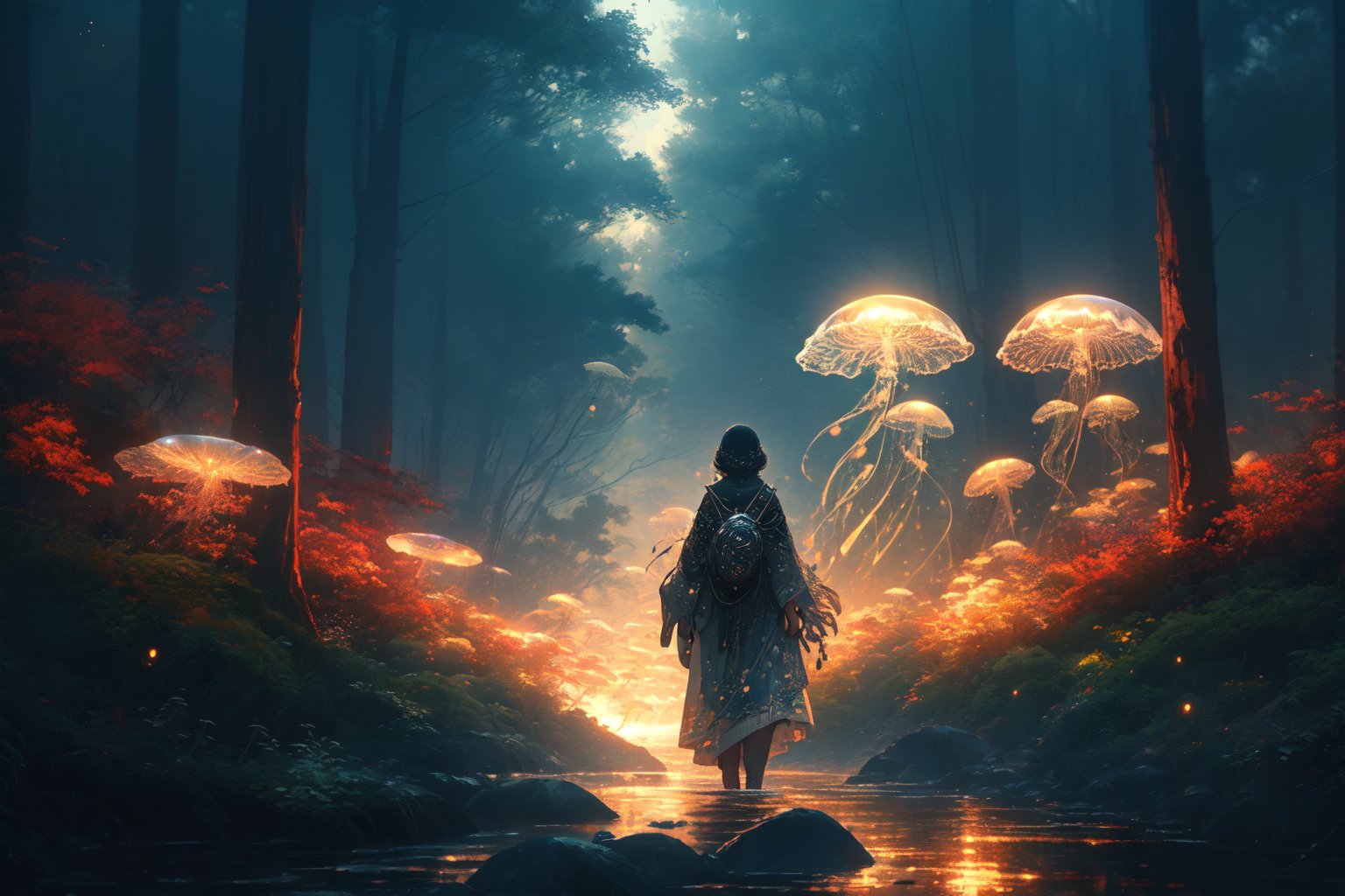 green jellyfish,(jellyfishforest:1.4), 1girl, mushroom, dress, long hair, scenery, white dress, solo, nature, water, wading, outdoors, tree, standing, black hair, fantasy, forest <lora:jellyfish-noise:1>BREAKbackground  Japanese of the image features a lush, green forest with many trees. The trees are densely packed, creating a canopy that provides a natural and serene atmosphere. The forest appears to be thriving and full of life, making it a beautiful and captivating setting.BREAKMasterpiece, colors, 3d octane render, 4k, concept art, trending on artstation, hyperrealistic, Vivid colors, extremely detailed CG unity 8k wallpaper, trending on ArtStation, trending on CGSociety, Intricate, High Detail, dramatic,(super detailed), (beautiful background, detailed background),(front lighting:1.5), (Extremely Detailed Oil Painting:1.2), glow effects, godrays, Hand drawn, render, 8k, octane render, cinema 4d, blender, dark, atmospheric 4k ultra detailed, cinematic sensual, Sharp focus, humorous illustration, big depth of field, Masterpiece, colors, 3d octane render, 4k, concept art, trending on artstation, hyperrealistic, Vivid colors, extremely detailed CG unity 8k wallpaper, trending on ArtStation, trending on CGSociety, Intricate, High Detail, dramatic