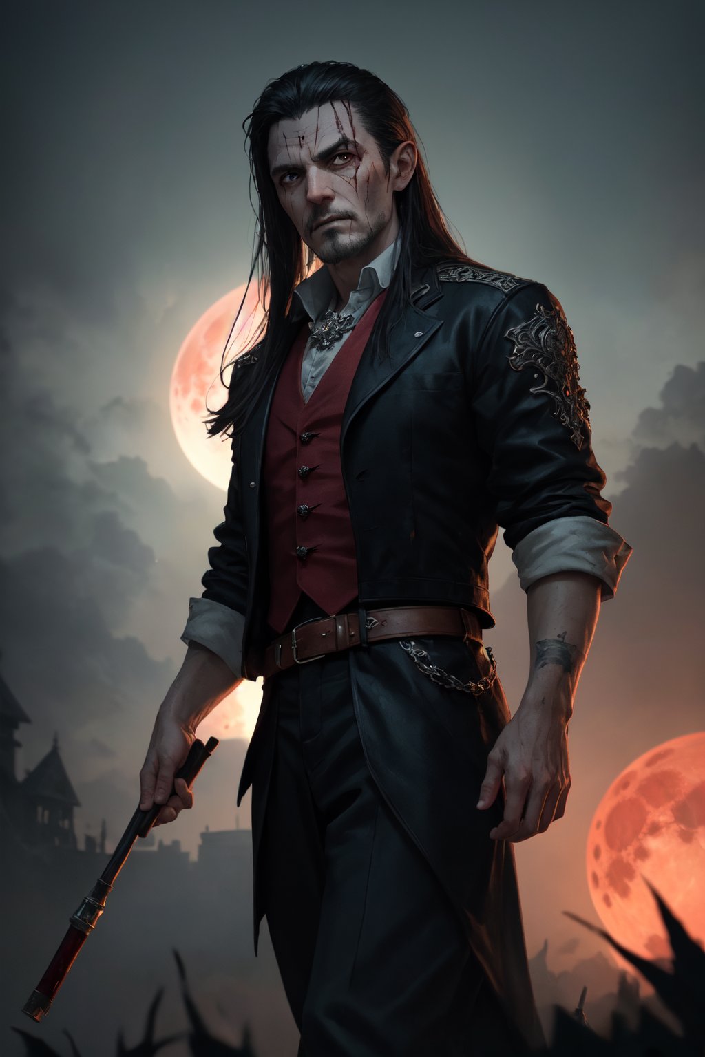 ,One old (man1.5) , 1 male,dracula , vampire face , pointy-ears , "beard long" , black hair , long_hair , scar on left eye , paleskin , big_muscle , angry face , "flesh_fang" , full_body , blood moon , walking,Masterpiece, colors, 3d octane render, 4k, concept art, trending on artstation, hyperrealistic, Vivid colors, extremely detailed CG unity 8k wallpaper, trending on ArtStation, trending on CGSociety, Intricate, High Detail, dramatic,(super detailed), (beautiful background, detailed background),(front lighting:1.5), (Extremely Detailed Oil Painting:1.2), glow effects, godrays, Hand drawn, render, 8k, octane render, cinema 4d, blender, dark, atmospheric 4k ultra detailed, cinematic sensual, Sharp focus, humorous illustration, big depth of field, Masterpiece, colors, 3d octane render, 4k, concept art, trending on artstation, hyperrealistic, Vivid colors, extremely detailed CG unity 8k wallpaper, trending on ArtStation, trending on CGSociety, Intricate, High Detail, dramatic