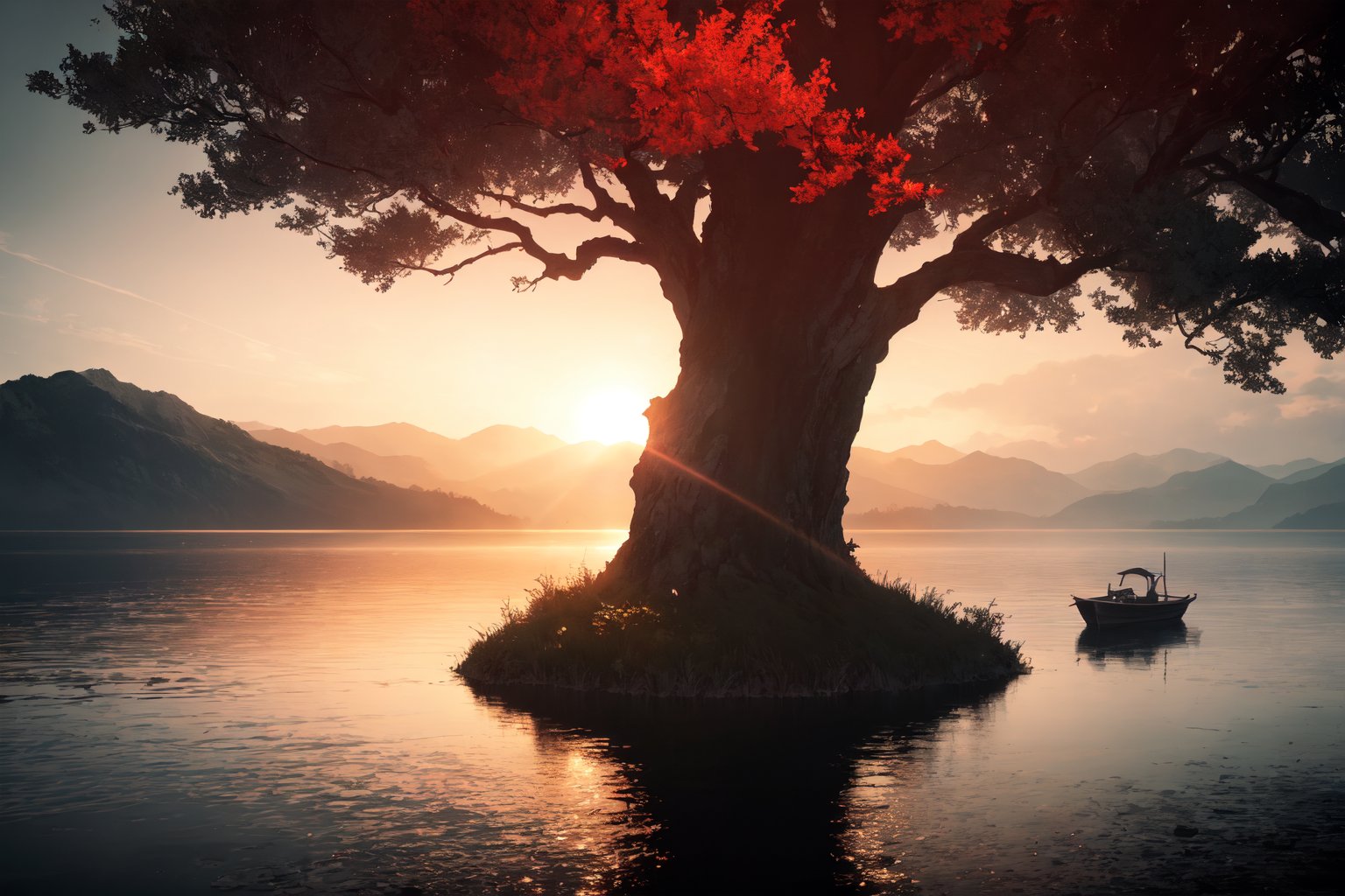 depict a cascaded landscape with low twilight red lights reflected on a beautiful lake surrounded by cascaded mountains. BREAK the tree of life illuminating red colored fumes, grounded in the middle of the lake casting its shadows across the scene. BREAK ultra-realistic, mysterious, mystical, high dynamic range, 3 dimensional.BREAK,Masterpiece, colors, 3d octane render, 4k, concept art, trending on artstation, hyperrealistic, Vivid colors, extremely detailed CG unity 8k wallpaper, trending on ArtStation, trending on CGSociety, Intricate, High Detail, dramatic,(super detailed), (beautiful background, detailed background),(front lighting:1.5), (Extremely Detailed Oil Painting:1.2), glow effects, godrays, Hand drawn, render, 8k, octane render, cinema 4d, blender, dark, atmospheric 4k ultra detailed, cinematic sensual, Sharp focus, humorous illustration, big depth of field, Masterpiece, colors, 3d octane render, 4k, concept art, trending on artstation, hyperrealistic, Vivid colors, extremely detailed CG unity 8k wallpaper, trending on ArtStation, trending on CGSociety, Intricate, High Detail, dramatic