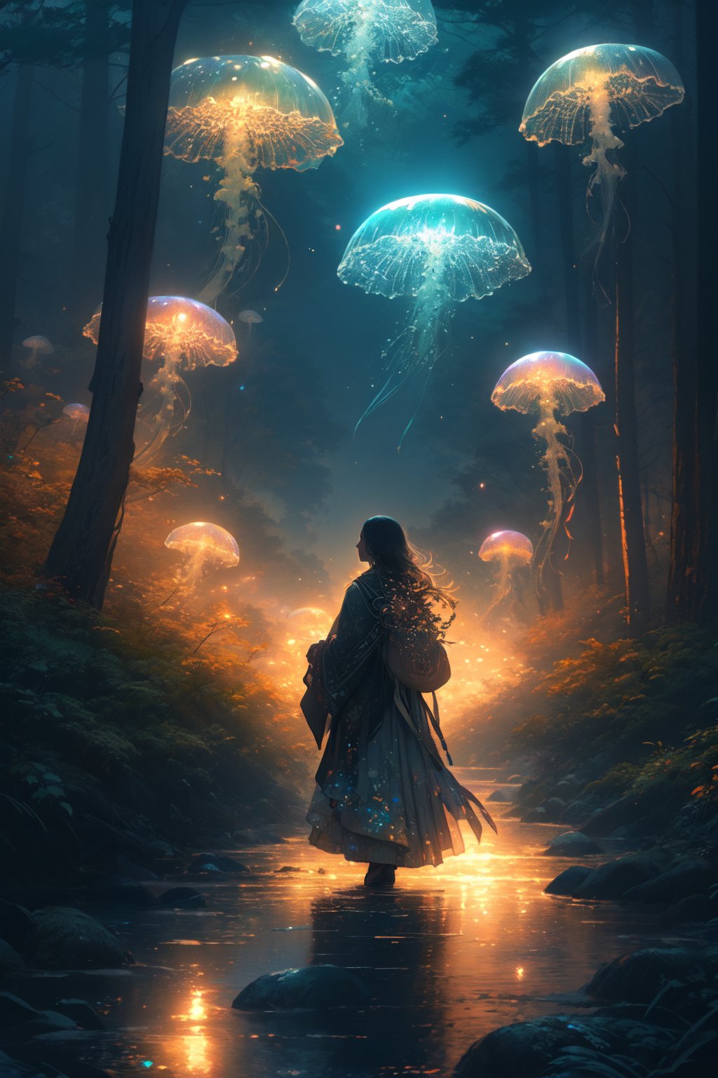 green jellyfish,(jellyfishforest:1.4), 1girl, mushroom, dress, long hair, scenery, white dress, solo, nature, water, wading, outdoors, tree, standing, black hair, fantasy, forest <lora:jellyfish-noise:1>BREAKbackground  Japanese of the image features a lush, green forest with many trees. The trees are densely packed, creating a canopy that provides a natural and serene atmosphere. The forest appears to be thriving and full of life, making it a beautiful and captivating setting.BREAKMasterpiece, colors, 3d octane render, 4k, concept art, trending on artstation, hyperrealistic, Vivid colors, extremely detailed CG unity 8k wallpaper, trending on ArtStation, trending on CGSociety, Intricate, High Detail, dramatic,(super detailed), (beautiful background, detailed background),(front lighting:1.5), (Extremely Detailed Oil Painting:1.2), glow effects, godrays, Hand drawn, render, 8k, octane render, cinema 4d, blender, dark, atmospheric 4k ultra detailed, cinematic sensual, Sharp focus, humorous illustration, big depth of field, Masterpiece, colors, 3d octane render, 4k, concept art, trending on artstation, hyperrealistic, Vivid colors, extremely detailed CG unity 8k wallpaper, trending on ArtStation, trending on CGSociety, Intricate, High Detail, dramatic