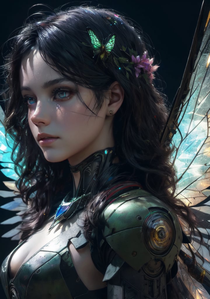 (masterpiece:1.2), best quality,fantasy,Ultra-detailed,very detailed illustrations,extremely detailed,intricate details,highres,super complex details,extremely detailed 8k cg wallpaper,realistic, extra detailed, extra detailed anatomy, extra detailed face, detailed eyes, 1 girl, exoskeleton, victorian maid, bug girl, mantis leaf arms, petal shaped hair, iridescent hair, sparkly hair, crystal hair, flower shiny glass on the bottom, shiny crystal patterns on the skin, insect wings, crystal wings, melancholic look,cyberpunk robot,mecha musume,no_humans,halo ,(HDR:1.4)<lora:UE_20230717224732:0.8> <lora:AMechaSSS%5Bcolor_theme%2Cmecha%20musume%2C%20mechanical%20parts%2Crobot%20joints%2Cheadgear%5D:0.8>, (Extremely Detailed Oil Painting:1.2), glow effects, godrays, Hand drawn, render, 8k, octane render, cinema 4d, blender, dark, atmospheric 4k ultra detailed, cinematic sensual, Sharp focus, humorous illustration, big depth of field, Masterpiece, colors, 3d octane render, 4k, concept art, trending on artstation, hyperrealistic, Vivid colors, extremely detailed CG unity 8k wallpaper, trending on ArtStation, trending on CGSociety, Intricate, High Detail, dramatic