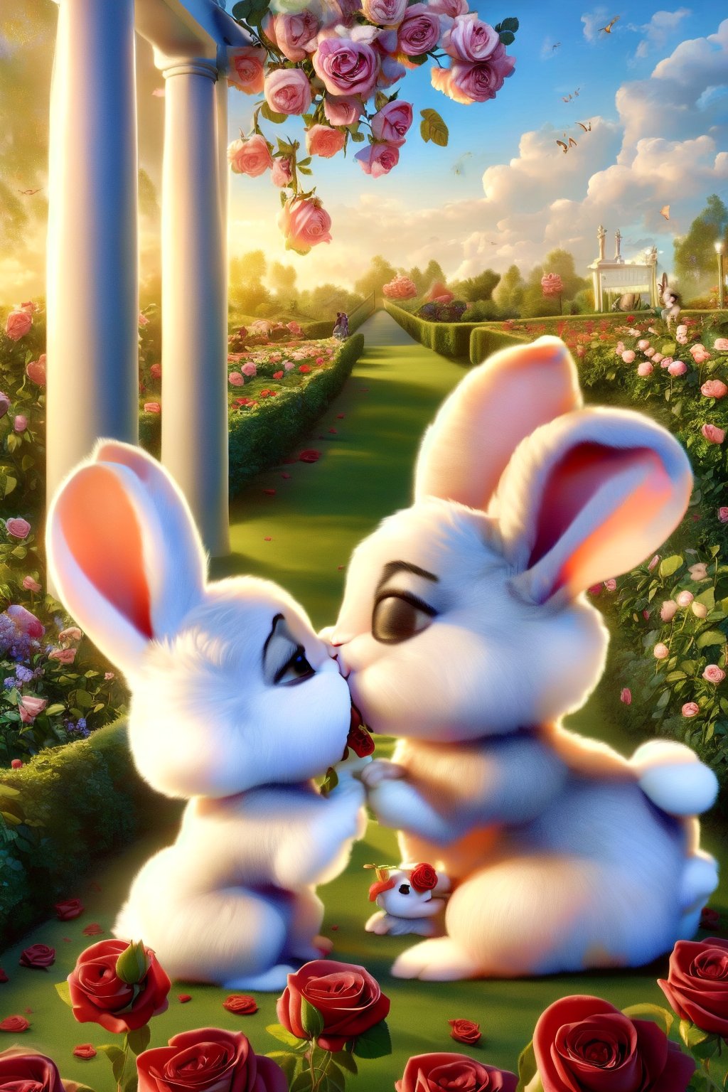 2 rabbits,eat flowers,in the beautiful rose garden