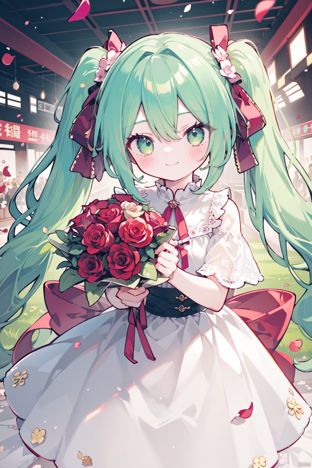  artist:tianliang duohe fangdongye,1girl, blurry, blush, bouquet, confetti, daiyousei, dress, falling_petals, flower, green_eyes, green_hair, hair_ribbon, hatsune_miku, long_hair, looking_at_viewer, petals, pink_flower, pink_rose, red_flower, red_rose, ribbon, rose, rose_petals, smile, solo, twintails, very_long_hair, white_dress, yellow_ribbon