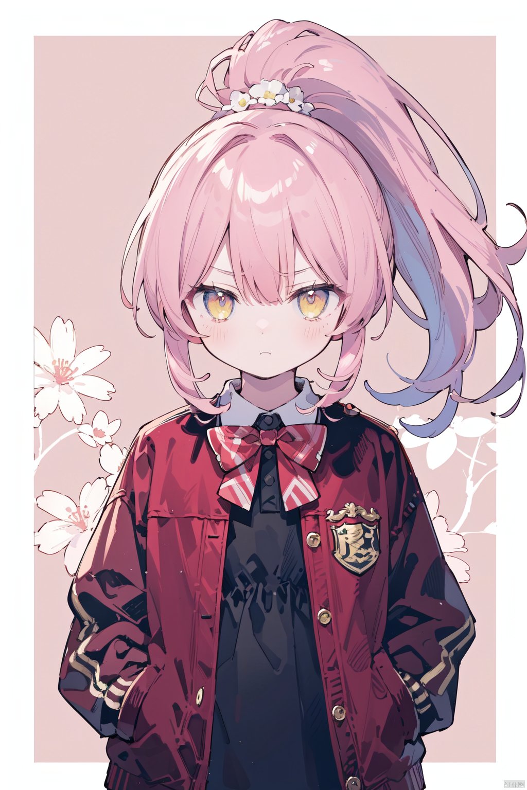 (best quality), ((masterpiece)), (highres), original, extremely detailed wallpaper, (an extremely delicate and beautiful),(loli),(petite),Pink hair,Yellow eyes, (red Jacket),high ponytail,white collared shirt,hair flower,fipped hair,floating hair,Frown,hands in pockets,black dress,red bowtie,(solo)