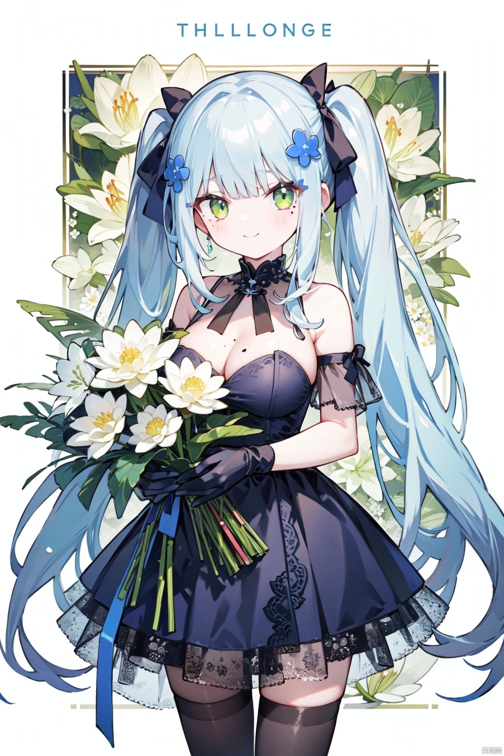 artist:tianliang duohe fangdongye,1girl, bangs, bare_shoulders, blue_dress, bouquet, breasts, character_name, cleavage, closed_mouth, daisy, dress, eyebrows_visible_through_hair, floral_background, flower, gloves, green_eyes, hair_ornament, hk416_\(girls'_frontline\), holding_bouquet, holding_flower, lily_\(flower\), lily_of_the_valley, lily_pad, long_hair, looking_at_viewer, lotus, low_twintails, mole, multi-tied_hair, ribbon, smile, solo, strapless_dress, thighhighs, vase, very_long_hair, white_flower, white_rose