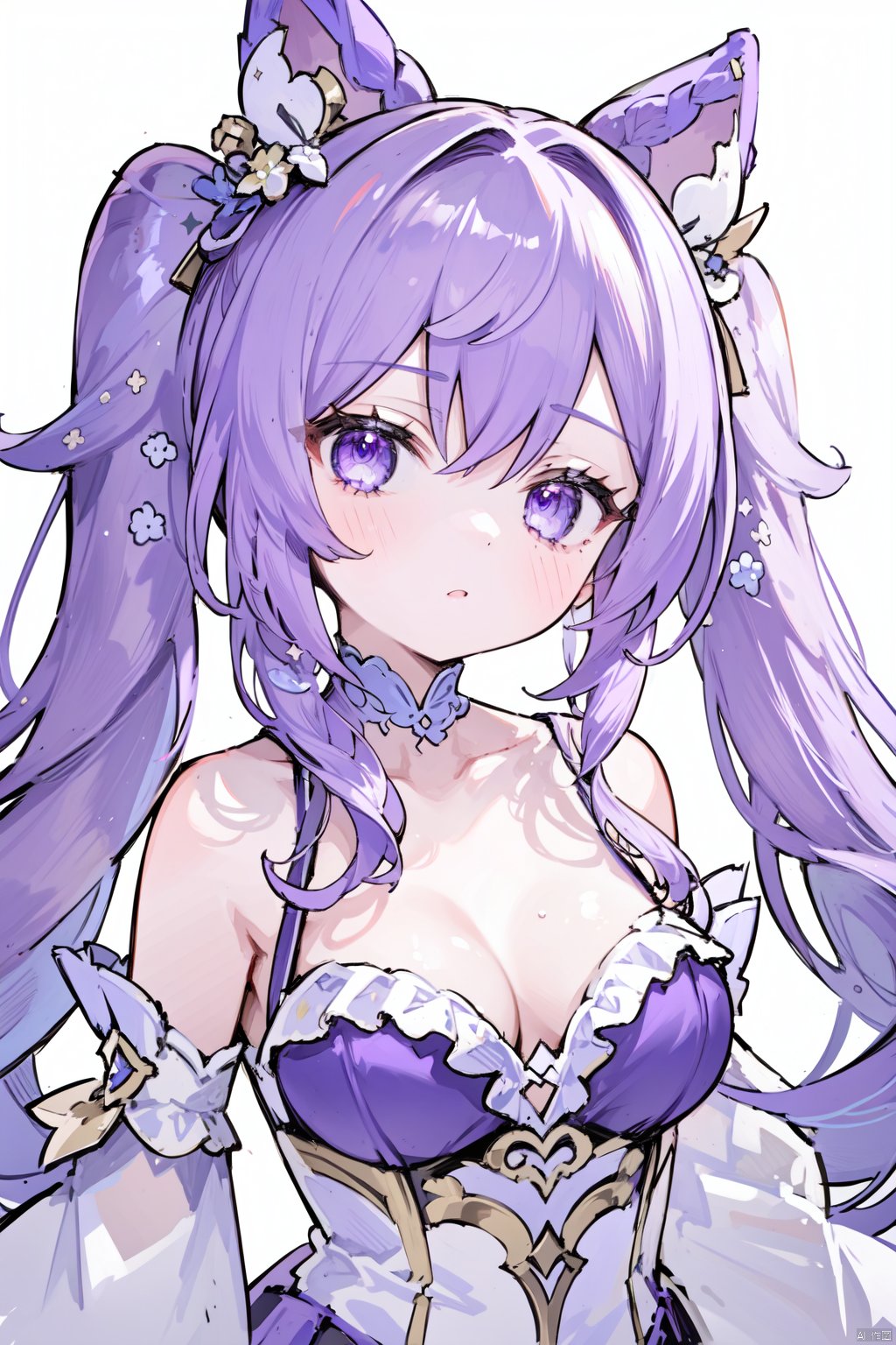 1girl, bare_shoulders, braid, breasts, cleavage, collarbone, dress, frilled_sleeves, frills, hair_cones, hair_ornament, keqing_\(genshin_impact\), long_hair, looking_at_viewer, medium_breasts, purple_eyes, purple_hair, solo, twintails, upper_body