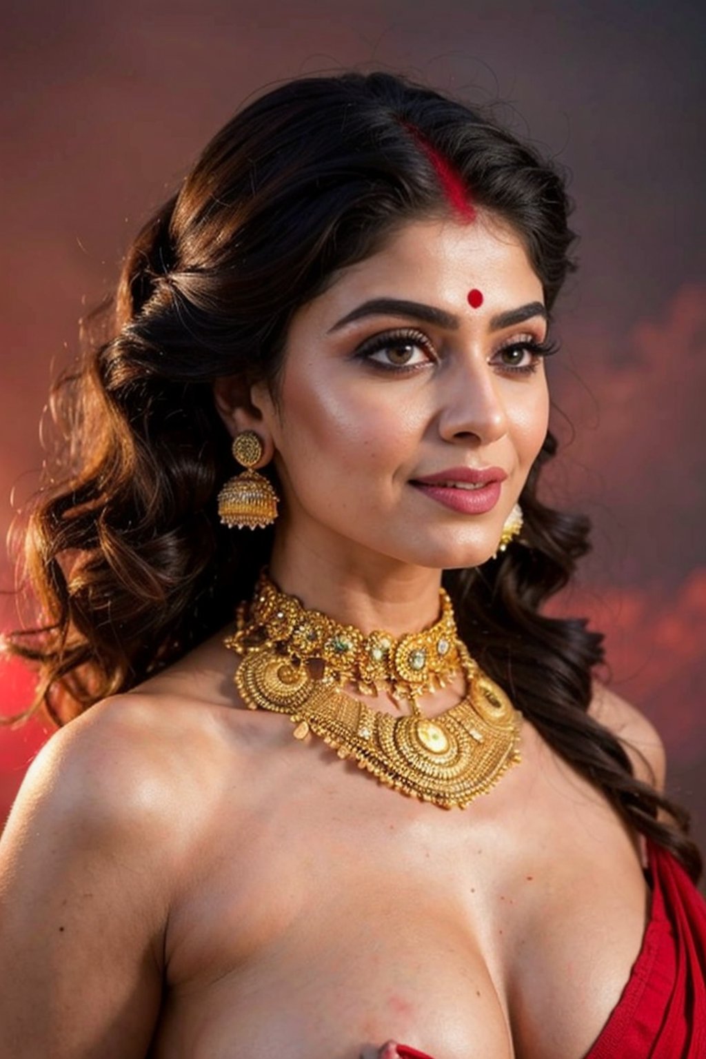 ((Best quality)), ((masterpiece:1.5)), highly detailed face of a pakistani girl, ((indian jewelry, necklace, choker, earrings, nosepin)), ((sindoor on hair partings, topless)),  sari,, big boobs, busty, 3D, beautiful, realistic, fluorescence, irradiation, glow, mysterious aura, halo, photo-realistic, seductive, cute, Perfect centralization, Fantastic black and gold aesthetic, alegria, (Standing in the center of the picture) , long full face and body, her head is lowered but looking up, dark flowing hair, glowing pale white skin, a slim sensual body, shoulders bare , Central, Facing the camera, Approaching perfection, Dynamic, highly detailed, sharp focus, 8k, high resolution, illustration, art, whimsical lighting, (enchantress, soft textures, imaginative artwork, ethereal glow, silent Luminescence), (red clouds sparkling water bubble background in style of Dariusz Zawadzki:1.2), realism