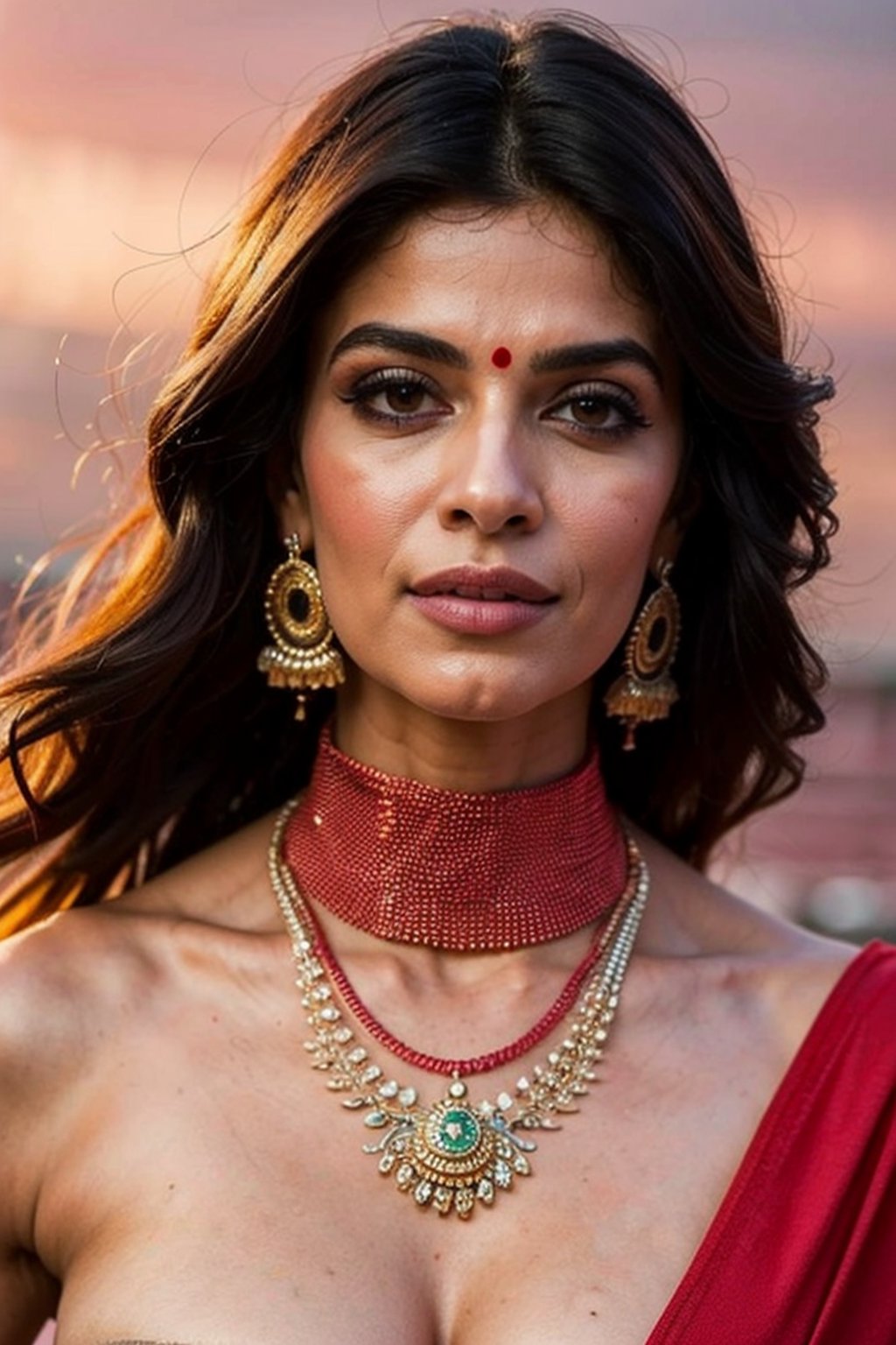 ((Best quality)), ((masterpiece:1.5)), highly detailed face of a pakistani girl, ((indian jewelry, necklace, choker, earrings, nosepin)), ((sindoor on hair partings, topless)),  sari,, big boobs, busty, 3D, beautiful, realistic, fluorescence, irradiation, glow, mysterious aura, halo, photo-realistic, seductive, cute, Perfect centralization, Fantastic black and gold aesthetic, alegria, (Standing in the center of the picture) , long full face and body, her head is lowered but looking up, dark flowing hair, glowing pale white skin, a slim sensual body, shoulders bare , Central, Facing the camera, Approaching perfection, Dynamic, highly detailed, sharp focus, 8k, high resolution, illustration, art, whimsical lighting, (enchantress, soft textures, imaginative artwork, ethereal glow, silent Luminescence), (red clouds sparkling water bubble background in style of Dariusz Zawadzki:1.2), realism