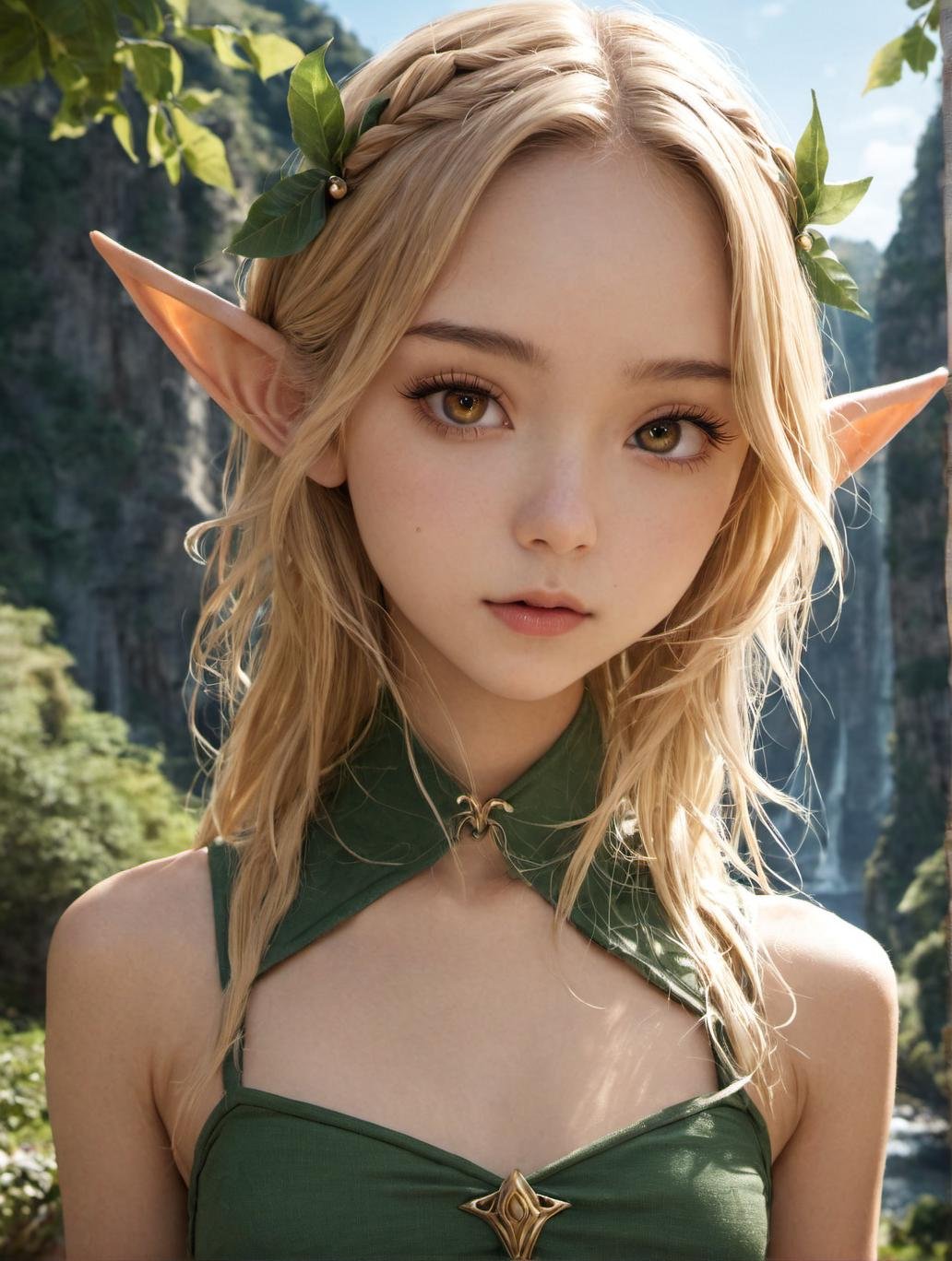 highres, 8k, RAW,1girl, outdoors,elf,fantasy,blonde hair,blonde eyelashes,(elf ears:1.2),flat chest,elf costume,upper body,best quality,masterpiece