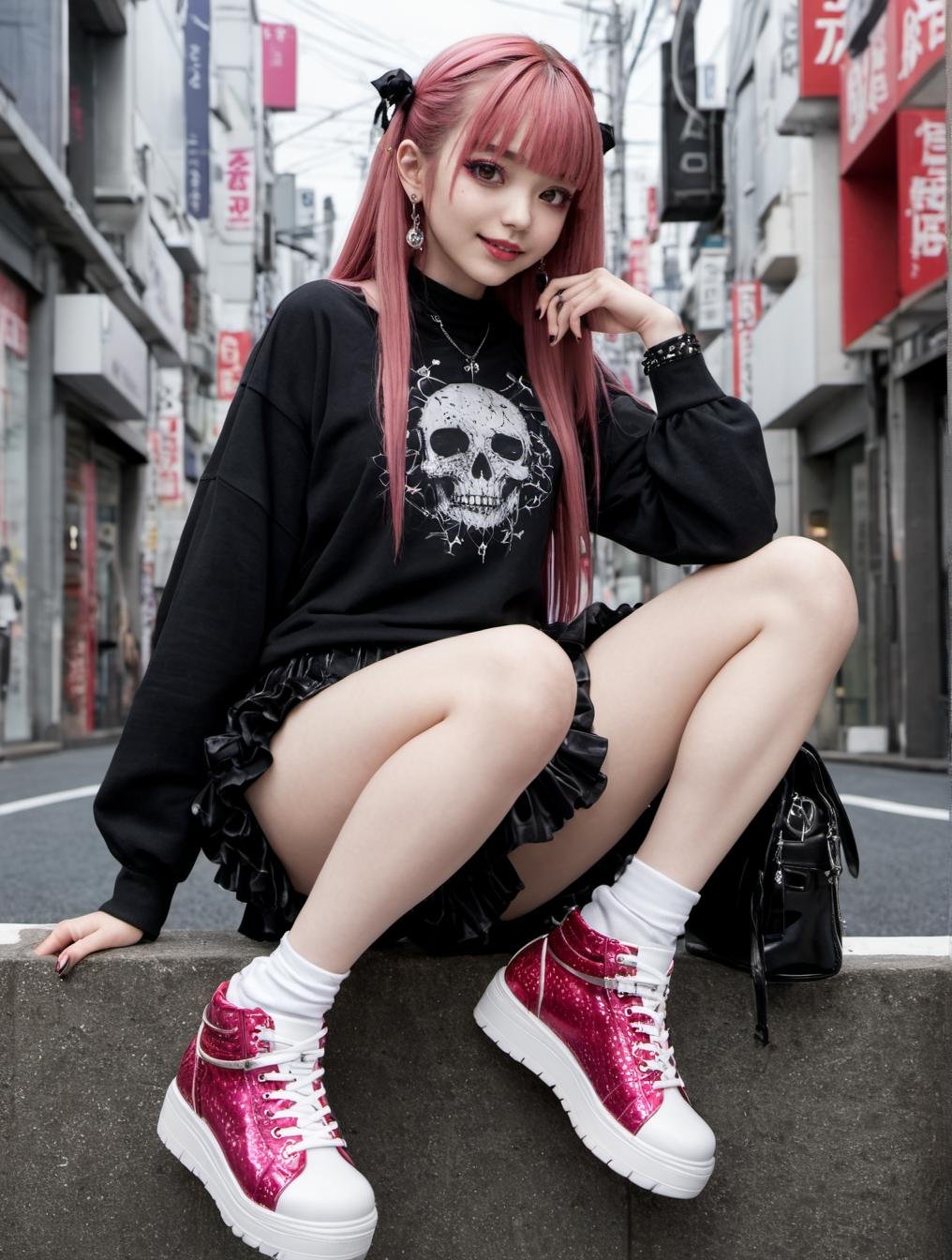 highres, 8k, RAW,natural skin,detailed skin,pale skin,japanese girl,solo,smile,brown eyes, long hair, straight hair, (pink hair:1.2), jirai fashion,eye shadow, piercing,emo girl, metal, gothic, Emo Girl Clothes, black shirt, babymetal, pank skirt, platform sneakers, armlet,  earrings, lip, gothic, in the tokyo, harajuku street,best quality,masterpiece