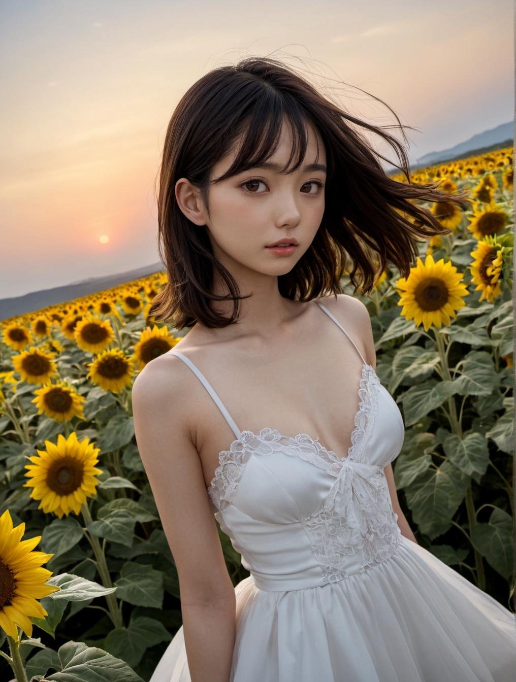 highres, 8k, RAW,natural skin,detailed skin,pale slkin,japanese girl,dress,Sunflower field at the tip of a high promontory with a view of the horizon, dynamic angle,upper body, twilight,best quality,masterpiece