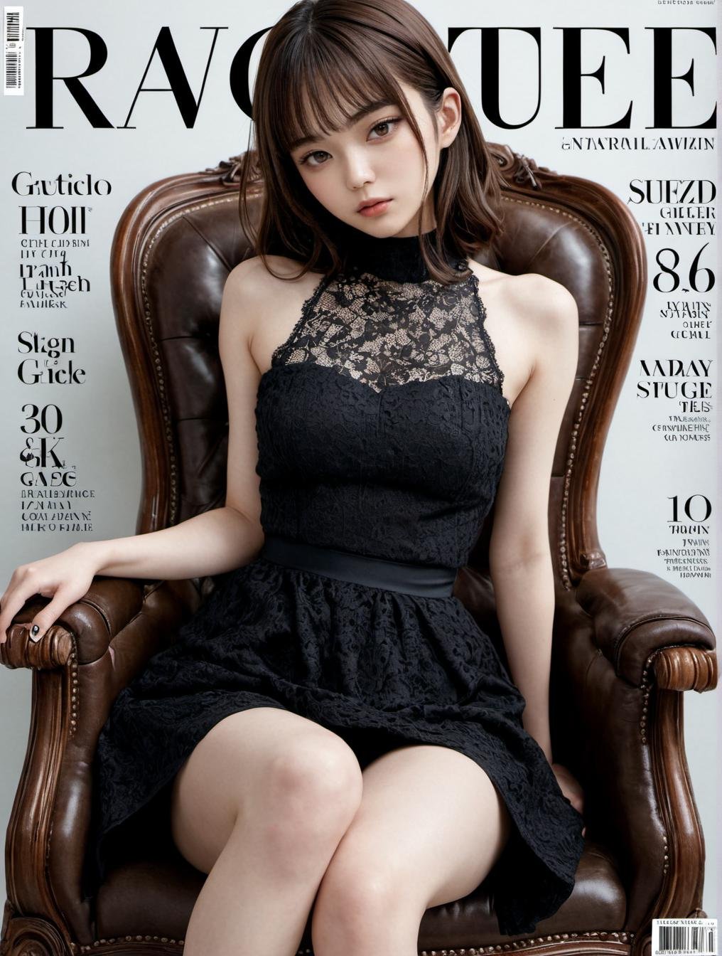 highres, 8k, RAW,natural skin,detailed skin,pale skin, japanese girl,Fashion magazine cover,sitting on chair,brown hair,fashion model, Black lace-up dress, chunky platform boots,best quality,masterpiece