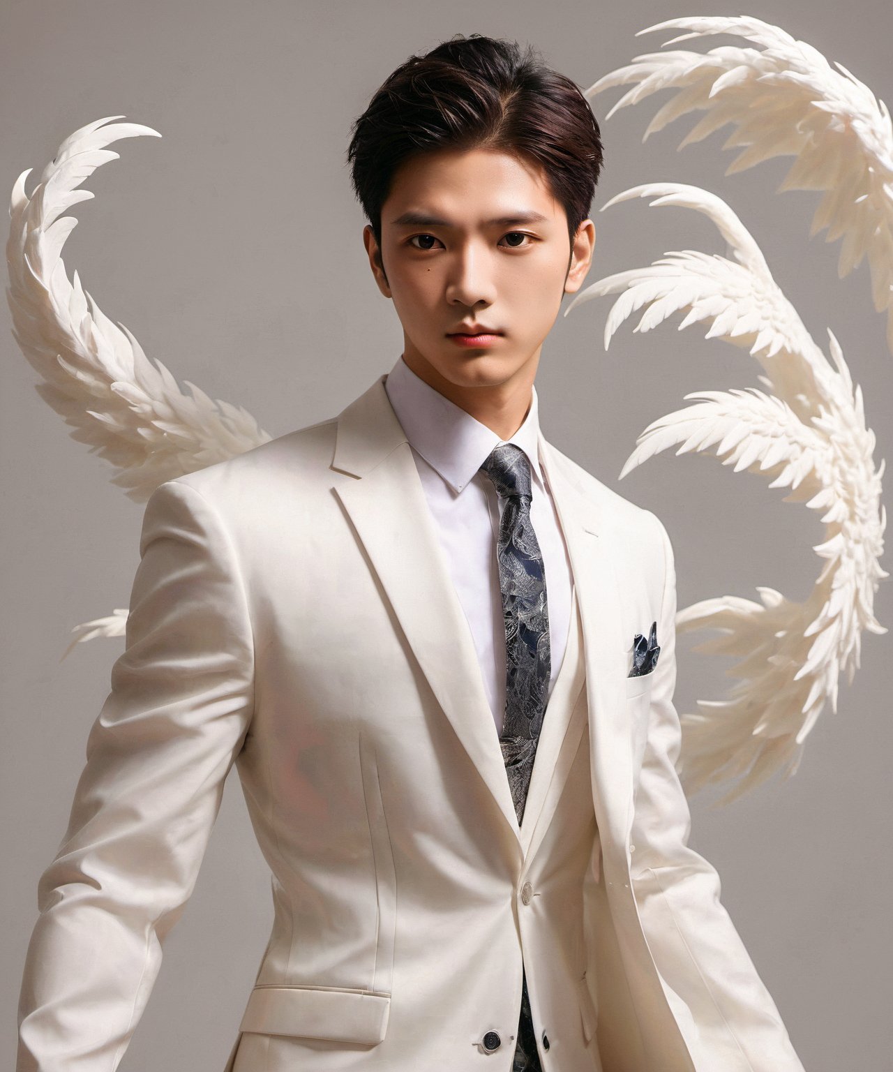 Create an image of a young man wearing a suit, featuring vibrant, beauty giant wings extending from his back. Random movement The background should be plain white, emphasizing the contrast and detailing of the beauty wings and the sharpness of the suit. The man should appear poised and elegant, with the wings unfurled to showcase a spectrum of vivid hues, blending seamlessly from one color to another. The focus should be on the meticulous details of the wings’ feathers and the suit’s fabric, capturing a harmonious blend of natural and refined elements, wings,Stylish, close up,l3min,wings,xxmixgirl