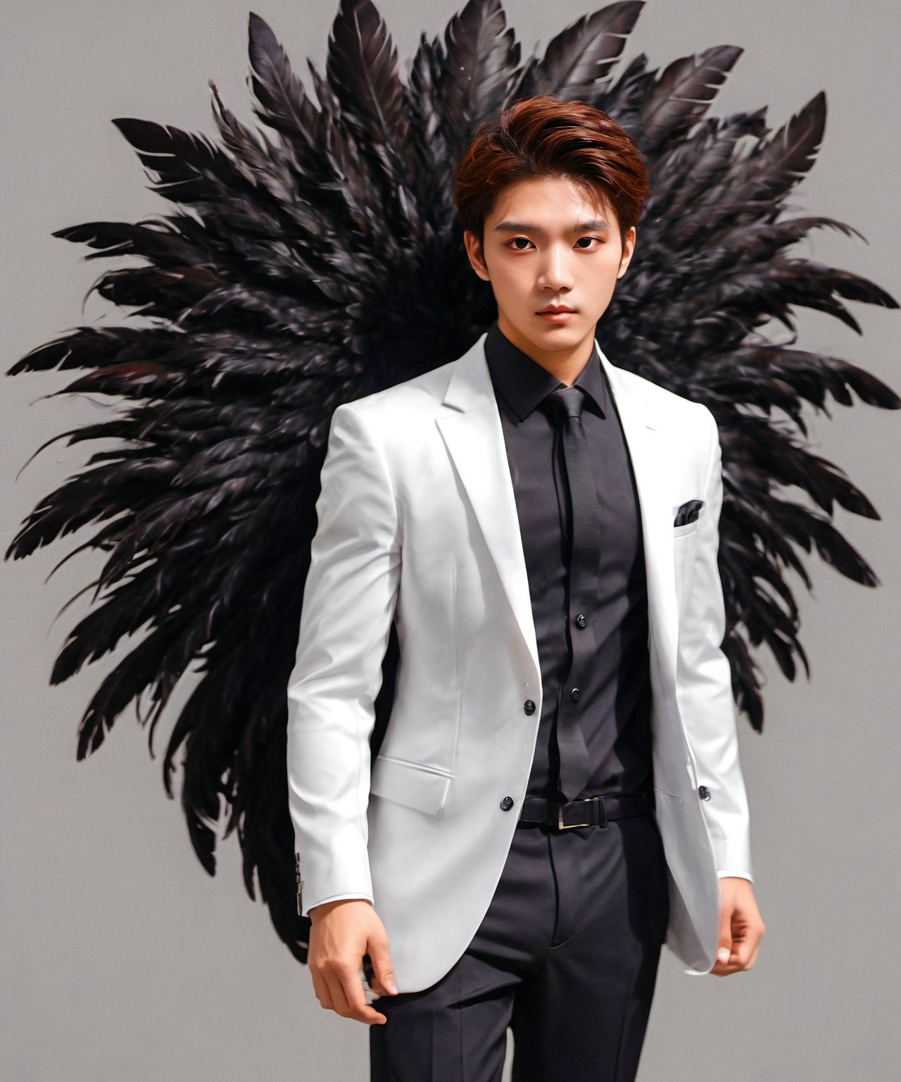 Create an image of a young man wearing a suit, featuring vibrant, beauty giant wings extending from his back. Random movement The background should be plain white, emphasizing the contrast and detailing of the beauty wings and the sharpness of the suit. The man should appear poised and elegant, with the wings unfurled to showcase a spectrum of vivid hues, blending seamlessly from one color to another. The focus should be on the meticulous details of the wings’ feathers and the suit’s fabric, capturing a harmonious blend of natural and refined elements, wings,Stylish, close up,l3min,wings,xxmixgirl