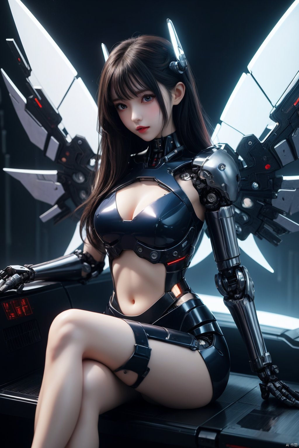 high quality,masterpiece,PVC),mechanical wings,Halo,Shiny_halo,on stomach,sitting,crossed legs,orange dress,Fantasy,cyberpunk,Semi mechanical girl,cyborg