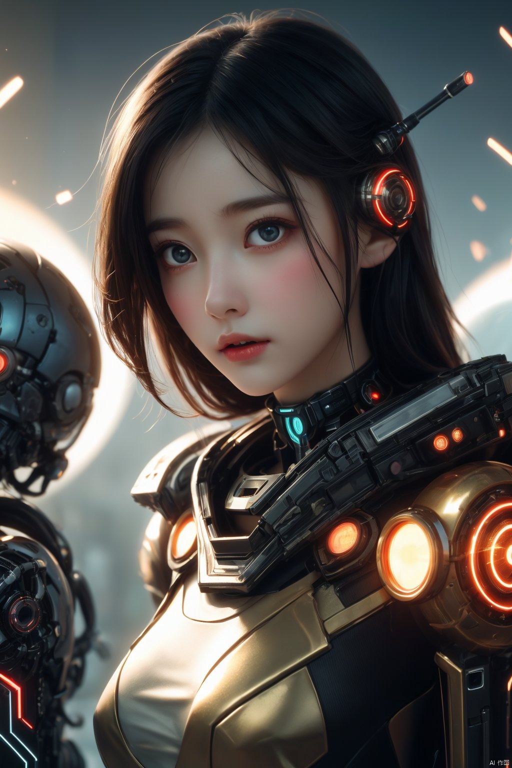 1girl,(cyberpunk:1.2),(Semi mechanical girl:1.2),(cyborg:1.2),strong rim light,(Spatial cracks Vortex:1.5),absurdres,depth_of_field,landscape/scenery,game cg,dreamlike,light,golden hour lighting,petite,
mystical,alluring,solo,curly hair,white hair,young mummy girl,green eyes,glowing eyes,sand,gold,jewelry,sandstorm,
on a desert,sun_print,sun,white ribbon:1.3,(pyramid:1.2),backlight,