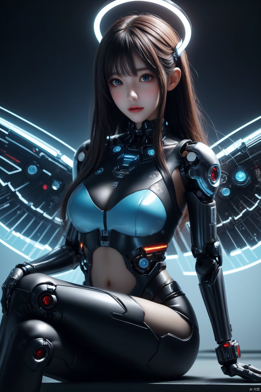 high quality,masterpiece,PVC),mechanical wings,Halo,Shiny_halo,on stomach,sitting,crossed legs,orange dress,Fantasy,cyberpunk,Semi mechanical girl,cyborg