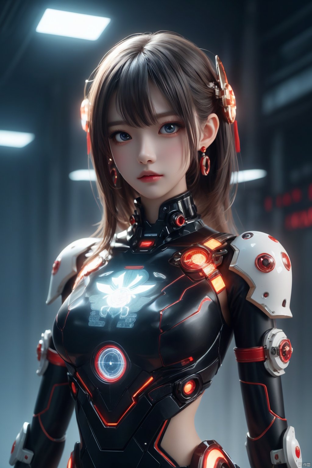 Best picture quality, realistic, photography, good work, Best picture quality, 8K, HDR, High quality, girl, 3D stereoscopic face, white skin, delicate features, indifferent expression, looking down camera, Chinese costume, Holographic projection, Holographic belt, Holographic halo, fluorescent, Long hair, hair accessories, earrings, bracelets, Cyberpunk, Mecha, Model pose, A photo full of tension, red sky and visual impact, Fairy, Taoist, Energy fluid, Glow, Light Particle effect, Floating energy scroll, best picture quality, Masterpiece, 8k, OC renderer rendering, futuristic, 3D rendering