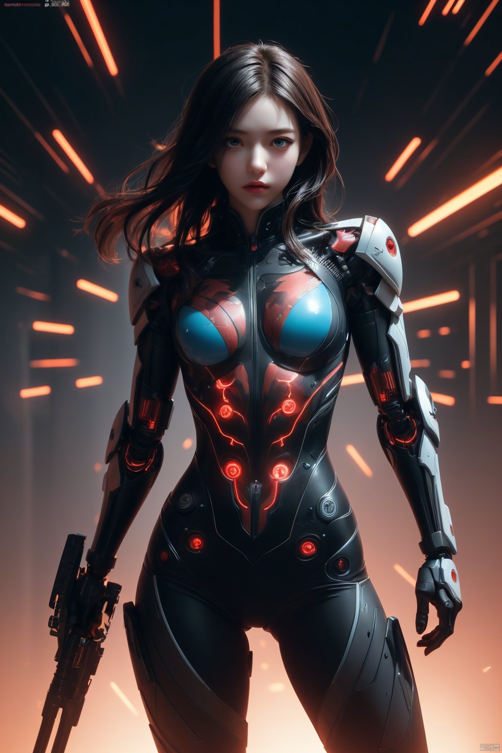 1girl, perky breasts, (surrounded by rotating transparent red scrolls, floating transparent red Chinese characters, dynamic, rotating), standing in the air, not looking at the camera, writing calligraphy, solo, blue eyes, holding, weapon, (holding weapon, neon, glowing, robot, mecha), cyberpunk, open_hand, v-fin, movie lighting, strong contrast, high level of detail, best quality, masterpiece, female venom, perfect body, slender figure, bailing_glitch_effect,