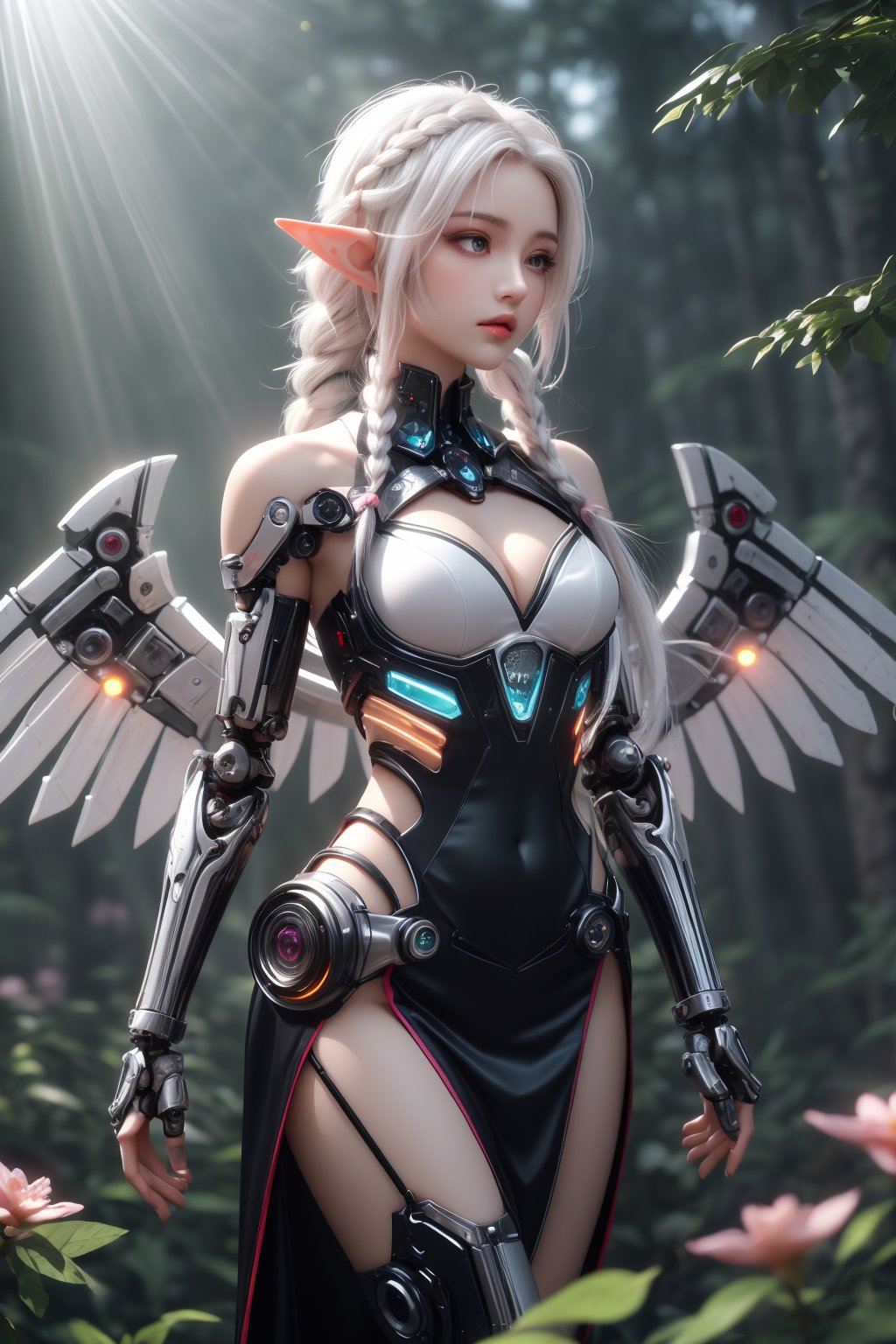 (masterpiece, best quality, high quality, highres, ultra-detailed),1 sweet girl,(side braid:1.1),long hair,((white hair)),leaf hair ornament,(pointy ears),elf,green eyes,pale skin,bare shoulders,(medium breasts),(cleavage:1.1),jewelry,white long dress,(detached sleeves:1.1),bracelet,(looking away:1.2),(in forest:1.3),(pink flowers:1.1),(falling petals:1.1),(lens flare from right:1.2),(god rays from right:1.2),Fantasy,cyberpunk,Semi mechanical girl,cyborg,(mechanical  wings:1.2),