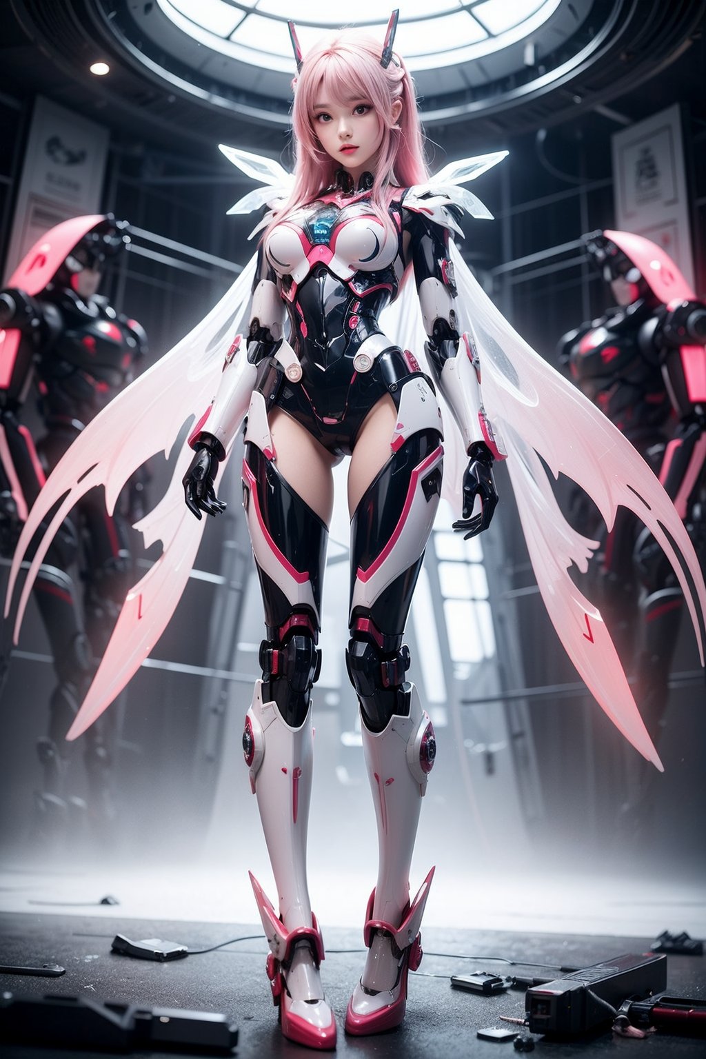 Best quality, masterpiece, 2D, mecha musume,science fiction,1 girl,mechanization,from bottom, very long light pink hair,mechanical arms,crystal version clear, superb plastics texture, (gloss of mecha:1.4),(pink and white), highest resolution, rouge, fairy skin, standing, slender legs, long legs