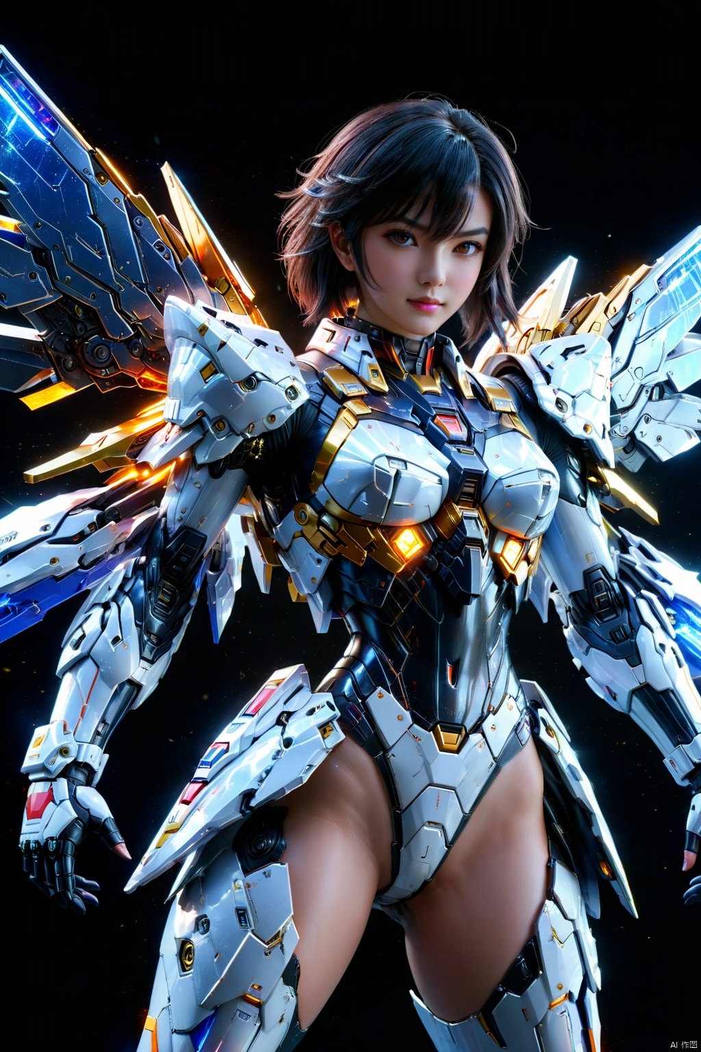  (1girl:1.3),full_body,gundam,highly realistic,glassy translucence,graceful, pose, blink-and-you-miss-it detail,Sci-fi light effects,(Illuminated circuit board:1.6),rich colors,gorgeous colors,colorful, with light beams on the face, tianqi, tqj-hd, 3D, (RAL-VLNTXPLZN and completely explosion)