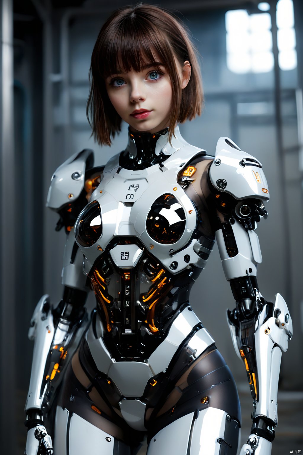  (Masterpiece, best picture quality), Cyberpunk, girl, French bangs, ((metal and transparent shell | splicing robot)), transparent belly:1.1, metal spine:1.2, (Cyber| body paint), aircraft background, dynamic perspective, cyborg, 1girl, 
, mecha, Realistic, (wielding dual swords:1.2), MAJICMIX STYLE, MAD-BDYARMR, 35mm film photography