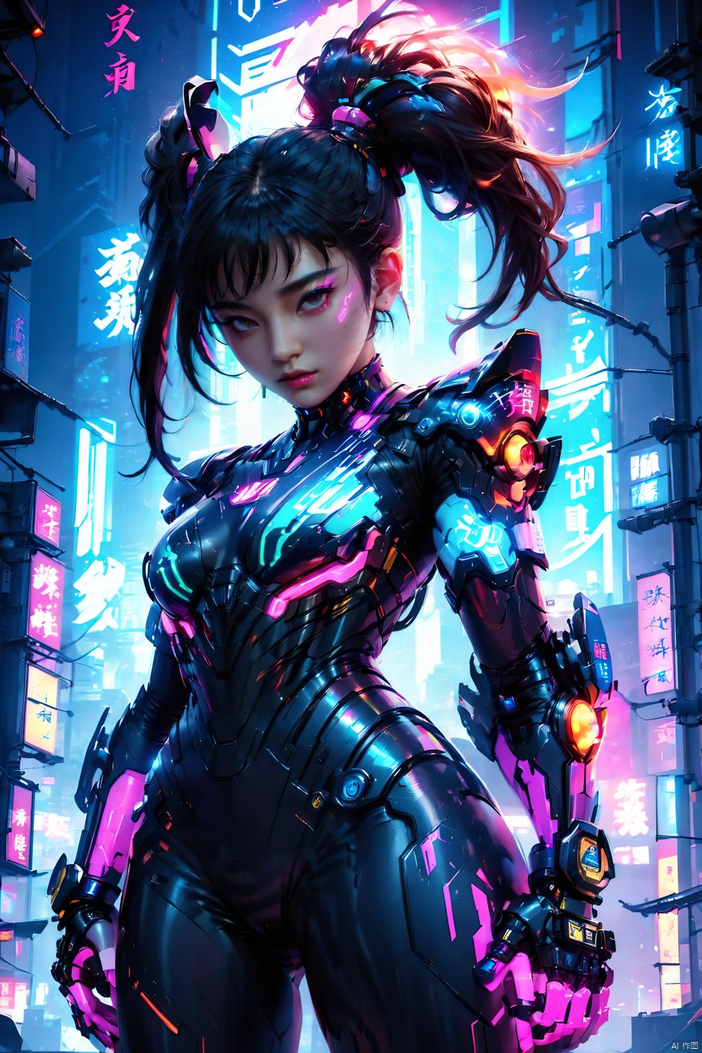  (masterpiece, best quality: 1.2) , 16K, horizontal image quality, future technology, 1girl, dynamic pose, glowing clothing, multi-line light on body, multi-light clothing, chinese Chun-Li in a cyberpunk-style mech suit, meatball head, (glowing electronic screen) , (electronic message flow: 1.3) , holographic projection, (glowing electronic screen on ARM: 1.2) , glowing text on thigh, (girl pose: 1.2) , glowing e-shoes, (body: 1.2) , colored smoke, city blocks, cyberpunk city background, glow, neon, HUBG_Beauty_Girl, HUBG_Mecha_Armor,A cyberpunk girl