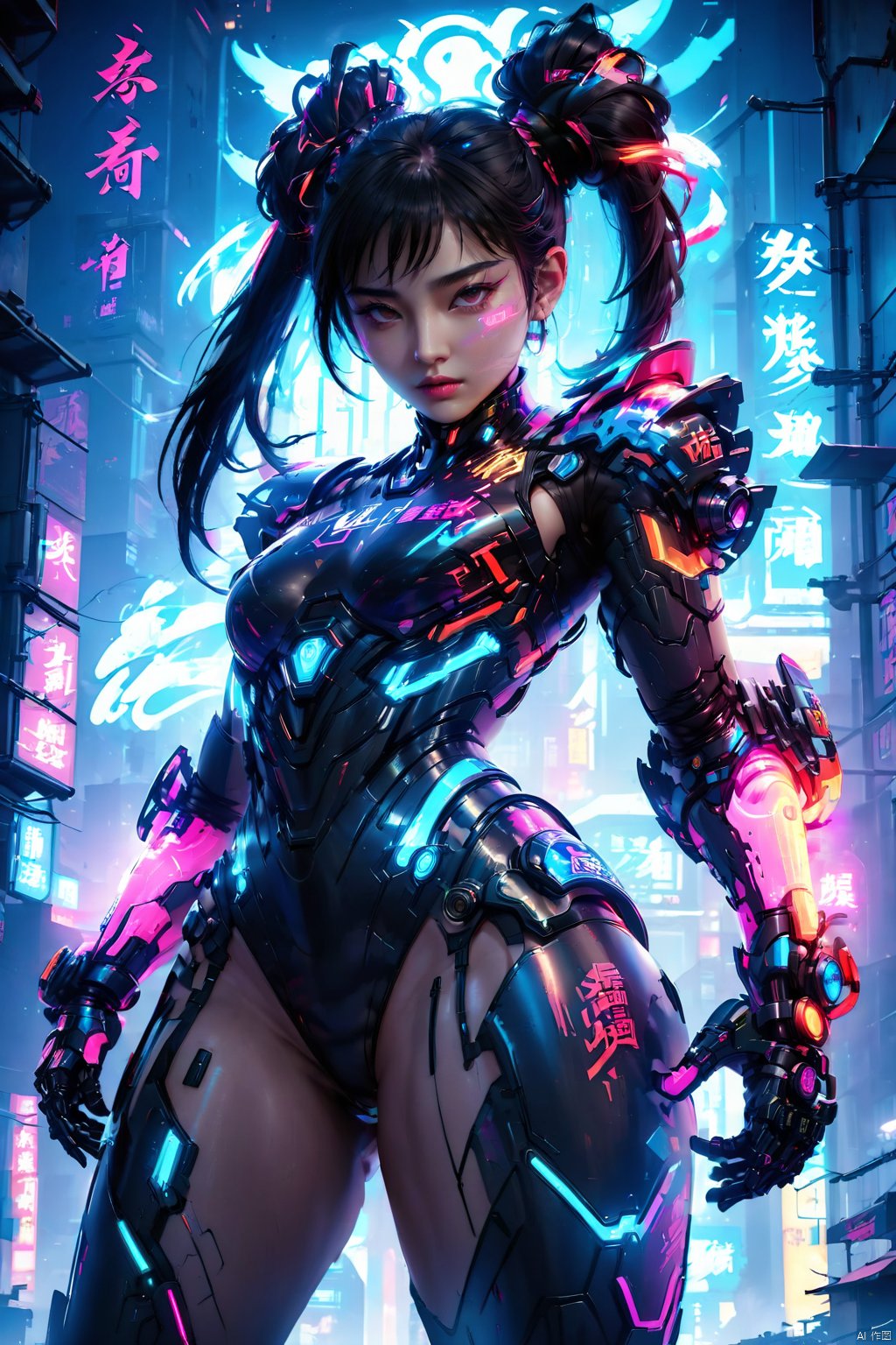  (masterpiece, best quality: 1.2) , 16K, horizontal image quality, future technology, 1girl, dynamic pose, glowing clothing, multi-line light on body, multi-light clothing, chinese Chun-Li in a cyberpunk-style mech suit, meatball head, (glowing electronic screen) , (electronic message flow: 1.3) , holographic projection, (glowing electronic screen on ARM: 1.2) , glowing text on thigh, (girl pose: 1.2) , glowing e-shoes, (body: 1.2) , colored smoke, city blocks, cyberpunk city background, glow, neon, HUBG_Beauty_Girl, HUBG_Mecha_Armor,A cyberpunk girl