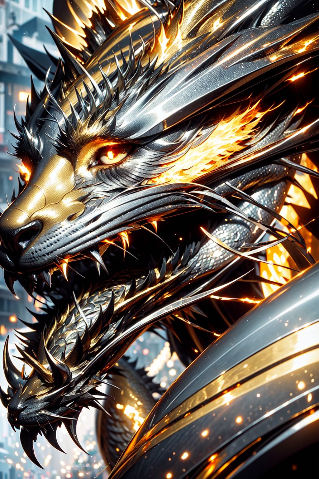 dragon,(golden and silver entanglement:1.5), street scenery,High Detail,masterpiece,best quality,more detail,Hyper Quality,detailed,more detail