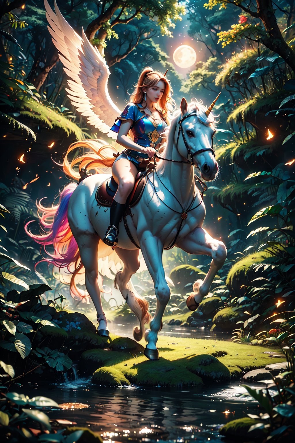 score_9, score_8_up, score_7_up, score_6_up, 
(Full body:1.5), 1girl, Angel wings, riding, horseback riding, Unicorn, Rainbow Unicorn, Unicorn horn, Magic Forest, Night sky, moon, fireflies, waterfalls, (Masterpiece, Best Quality, 8k:1.2), (Ultra-Detailed, Highres, Extremely Detailed, Absurdres, Incredibly Absurdres, Huge Filesize:1.1), (Photorealistic:1.3), By Futurevolab, Portrait, Ultra-Realistic Illustration, Digital Painting.,Rainbow Unicorn
