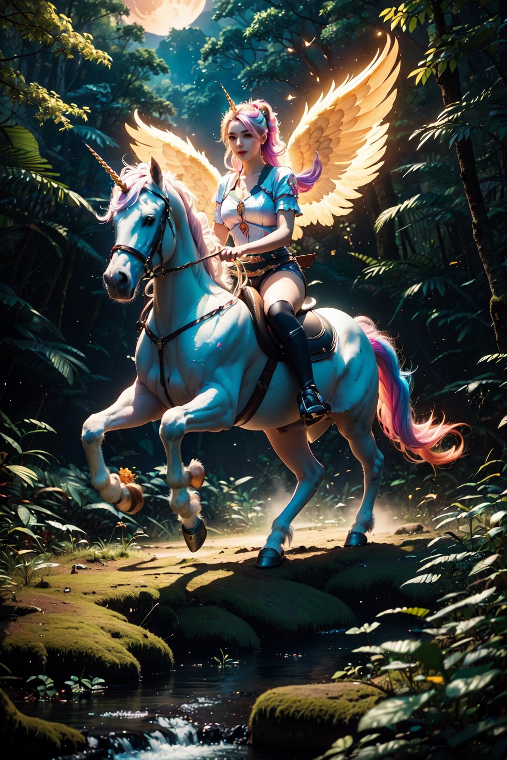 score_9, score_8_up, score_7_up, score_6_up, 
(Full body:1.5), 1girl, Angel wings, riding, horseback riding, (Unicorn, Rainbow Unicorn, Unicorn horn), Magic Forest, Night sky, moon, fireflies, waterfalls, (Masterpiece, Best Quality, 8k:1.2), (Ultra-Detailed, Highres, Extremely Detailed, Absurdres, Incredibly Absurdres, Huge Filesize:1.1), (Photorealistic:1.3), By Futurevolab, Portrait, Ultra-Realistic Illustration, Digital Painting.,Rainbow Unicorn