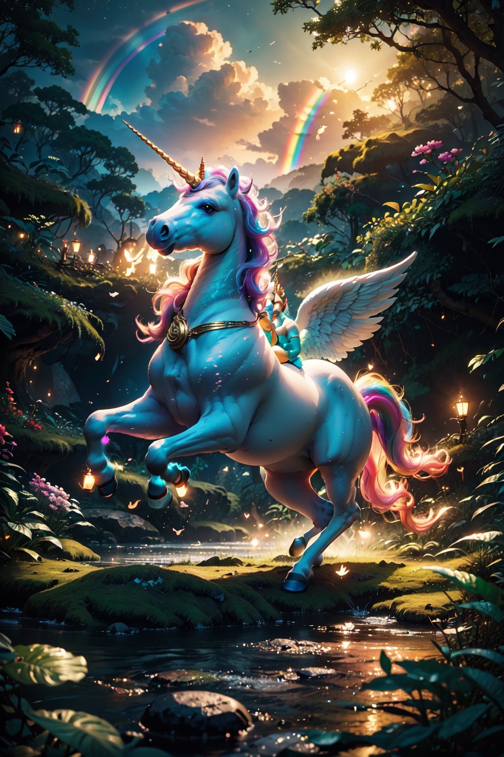 score_9, score_8_up, score_7_up, score_6_up, 
(Full body:1.5), (Unicorn, Rainbow Unicorn, Unicorn horn, Angel wings:1.5), Magic Forest, Night sky, moon, fireflies, waterfalls, (Masterpiece, Best Quality, 8k:1.2), (Ultra-Detailed, Highres, Extremely Detailed, Absurdres, Incredibly Absurdres, Huge Filesize:1.1), (Photorealistic:1.3), By Futurevolab, Portrait, Ultra-Realistic Illustration, Digital Painting.,Rainbow Unicorn