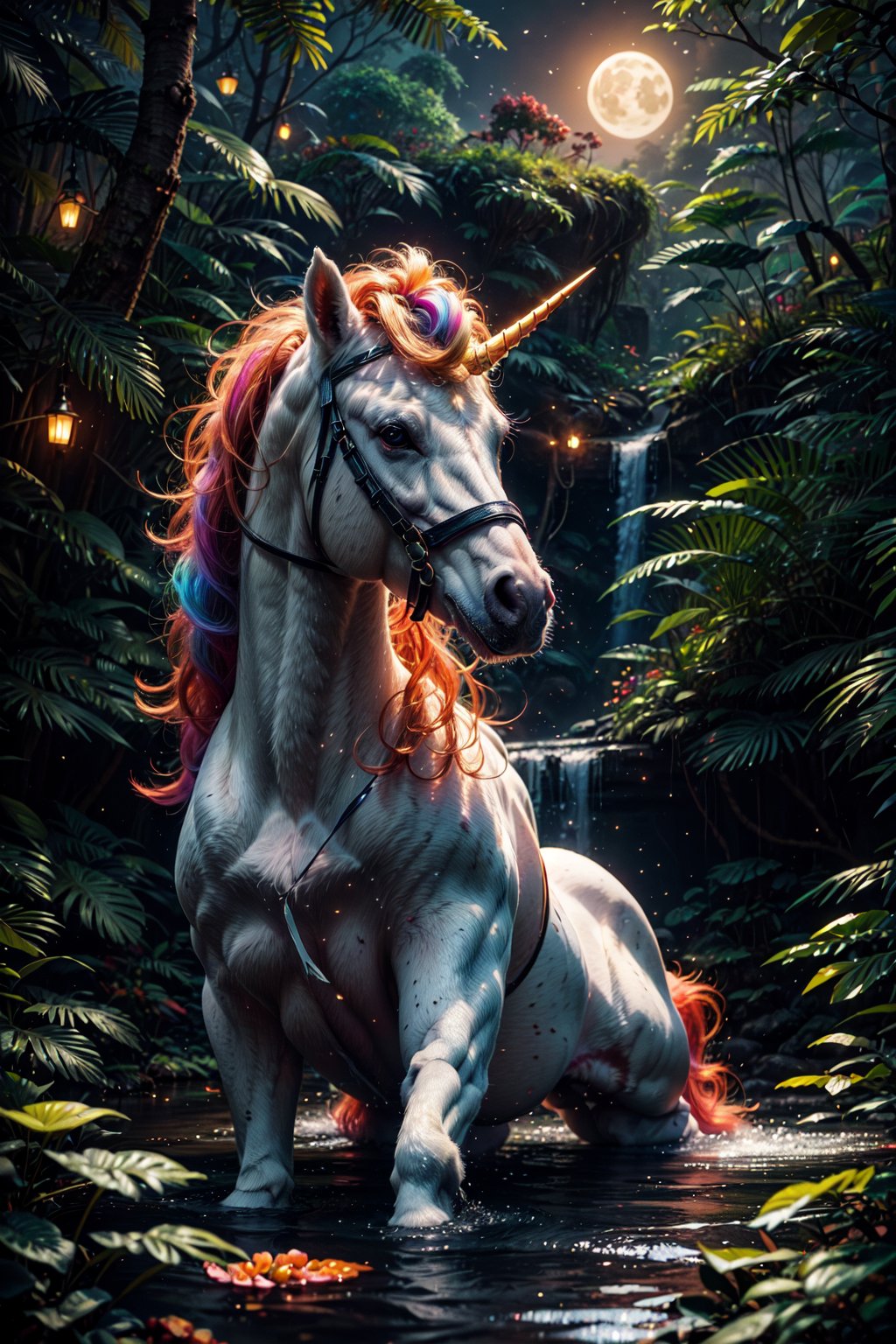 score_9, score_8_up, score_7_up, score_6_up, 
Unicorn, Rainbow Unicorn, Unicorn horn, Magic Forest, Night sky, moon, fireflies, waterfalls, (Masterpiece, Best Quality, 8k:1.2), (Ultra-Detailed, Highres, Extremely Detailed, Absurdres, Incredibly Absurdres, Huge Filesize:1.1), (Photorealistic:1.3), By Futurevolab, Portrait, Ultra-Realistic Illustration, Digital Painting.,Rainbow Unicorn