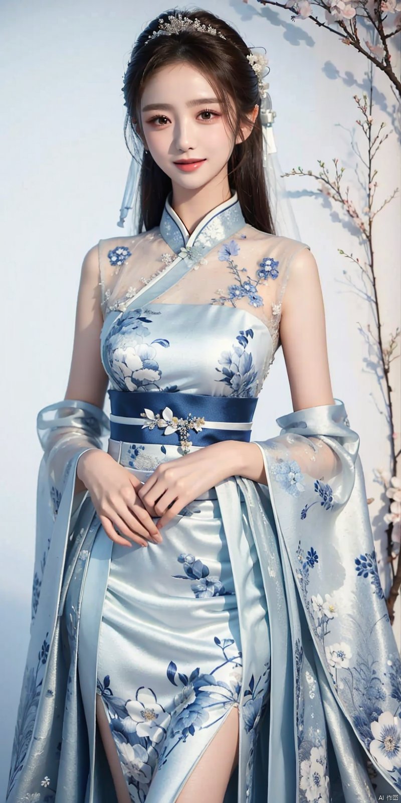  masterpiece, The best quality, 1girl, luxurious wedding dress, dreamy scene, white background, front viewer, looking at viewer, Flowers, romantic, Bride, Translucent white turban, UHD, 16k, , sparkling dress,  , white stockings, , chinese dress,white dress,long hair,
chinese clothes,dress,white dress,floral print,china dress,blue dress,hanfu,long sleeves,print dress,robe,skirt,sleeveless dress,widesleeves, weddingdress, , ((poakl)), yaya,kind smile