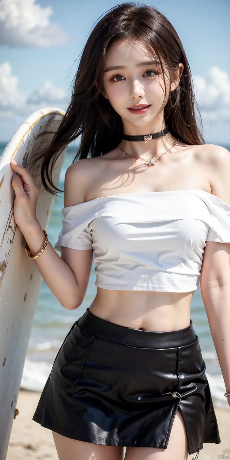  cowboy_shot,(Good structure), DSLR Quality,Short skirt,Blue sky, white clouds, ocean,((Surf)), nai3, 1girl, solo, crop top, , choker, navel, shirt, midriff, crop top overhang, looking at viewer, white shirt, jewelry, breasts, bare shoulders, off-shoulder shirt, off shoulder, black choker, thighs, stomach, long hair, bracelet, short sleeves, ribbon, hand up, collarbone, hair ribbon, medium breasts, , bra strap, , hair ornament, thigh gap, necklace, expressionless, , ,kind smile, ,,yaya