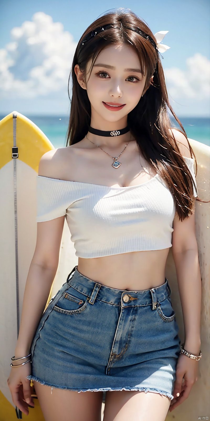  cowboy_shot,(Good structure), DSLR Quality,Short skirt,Blue sky, white clouds, ocean,((Surf)), nai3, 1girl, solo, crop top, , choker, navel, shirt, midriff, crop top overhang, looking at viewer, white shirt, jewelry, breasts, bare shoulders, off-shoulder shirt, off shoulder, black choker, thighs, stomach, long hair, bracelet, short sleeves, ribbon, hand up, collarbone, hair ribbon, medium breasts, , bra strap, , hair ornament, thigh gap, necklace, expressionless, , ,kind smile, ,,yaya