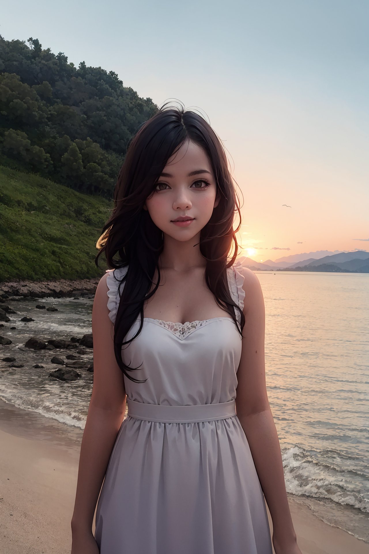 Portrait of beautiful girl,, (kawaii girl:1.0), (1girl,, solo female, 1man:1.0), (medium breasts:1.0), (smile:0.8), (ultra-detailed, highres:1.0),.masterpiece,best quality,incredibly detail eyes,shore, high detail eyes,

age 28,medium breasts, seductive face ,High detailed ,

, no sleeves ,masterpiece,incredibly absurdres, (black hair : 1.3), (brown eye : 1.3), wavy_hair,very long hair, bare_shoulders, castle, medieval town, horizon mountains, sunrise, isekai, fantasy people's + (depth of field:1.3), flower hairpin, cowboy_shot , Black Ruched Mini Dress