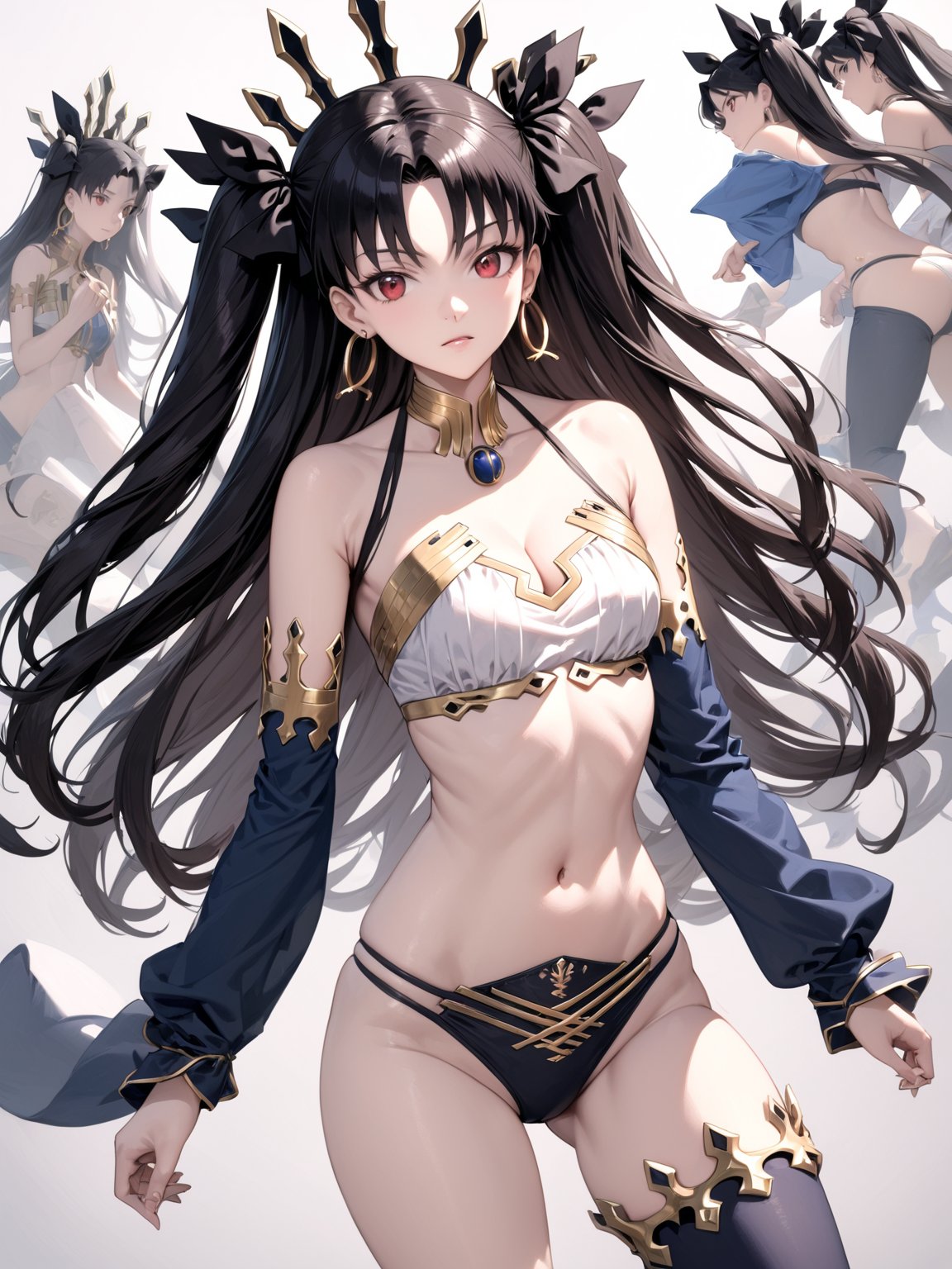 //Quality,
masterpiece, best quality, detailed
,//Character,
solo,ishtar \(fate\), 1girl, red eyes, long hair, two side up
,//Fashion,
navel, cleavage, bare shoulders, collarbone, stomach, bikini, earrings, tiara, hair ribbon, jewelry, detached sleeve, single thighhigh
,//Background,
white_background
,//Others,
