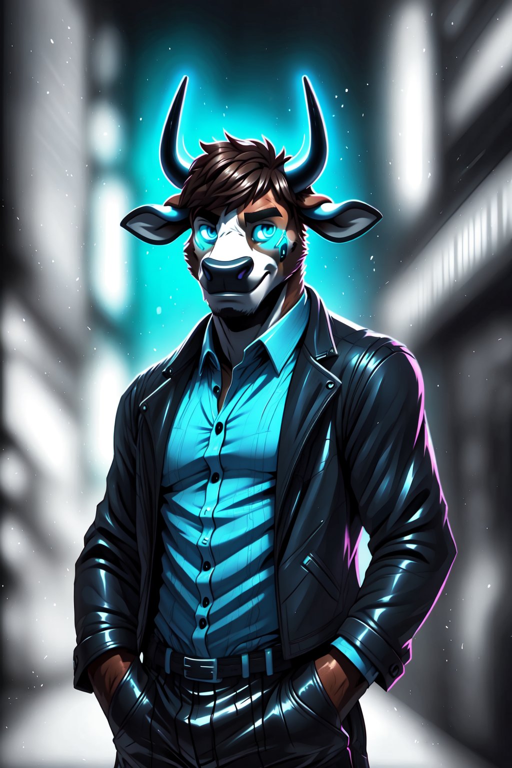 (master_piece1),1boy, male_focus,solo, blue_eyes,gloves,animal_ears,cowboy,cow_ears,cow_horns,furry,furry_male,cowboy_shot, collared_shirt,black_pants,short-hair,black_jacket,looking_at_viewer, shirt,black_pants,brown-hair, brown-fur, brown-hair,portrait,Cyberpunk,good_anatomy,MONOCHROME GLOWING