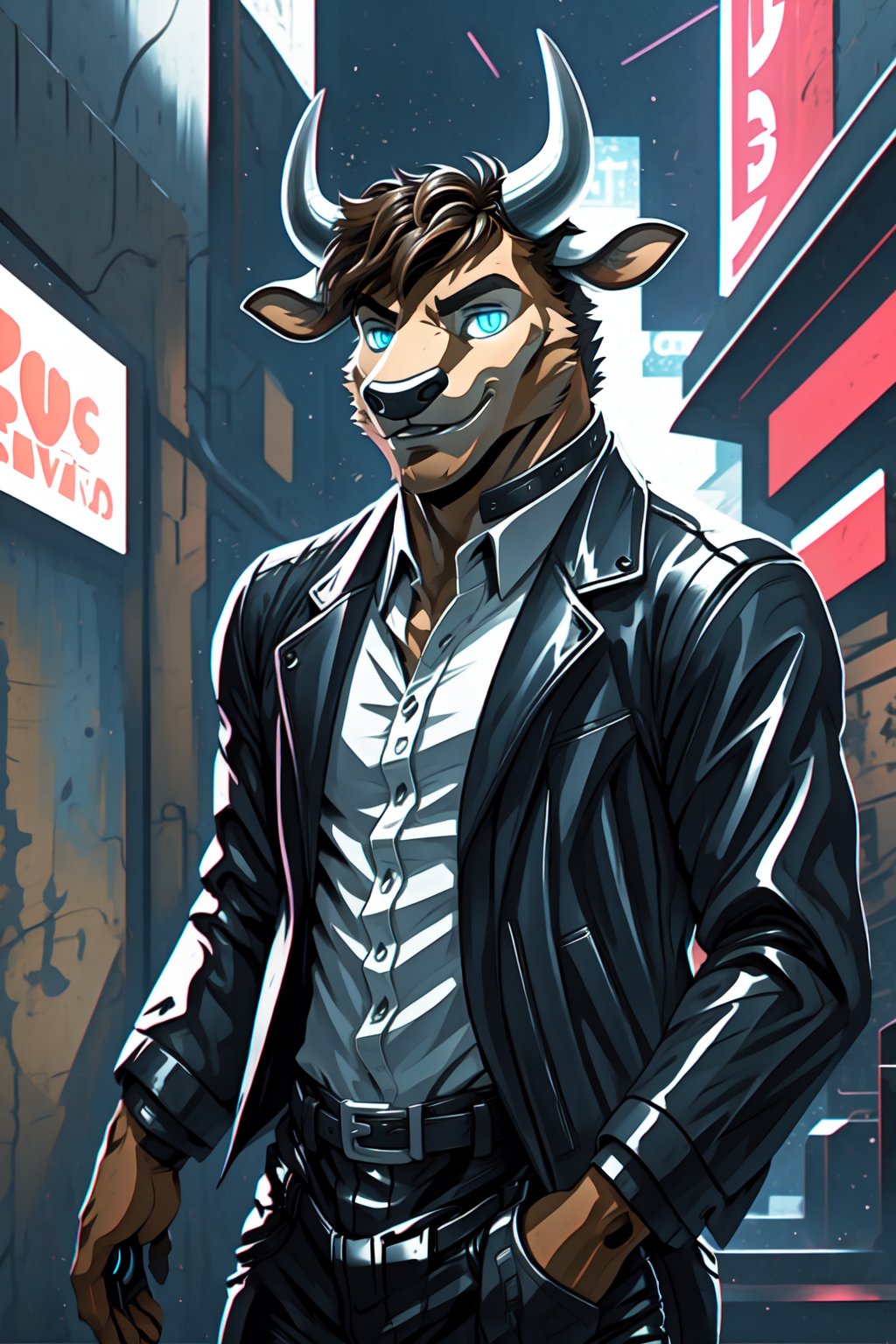 (master_piece1),1boy, male_focus,solo, blue_eyes,gloves,animal_ears,cowboy,cow_ears,cow_horns,furry,furry_male,cowboy_shot, collared_shirt,black_pants,short-hair,black_jacket,looking_at_viewer, shirt,black_pants,brown-hair, brown-fur, brown-hair,portrait,Cyberpunk,good_anatomy,MONOCHROME GLOWING