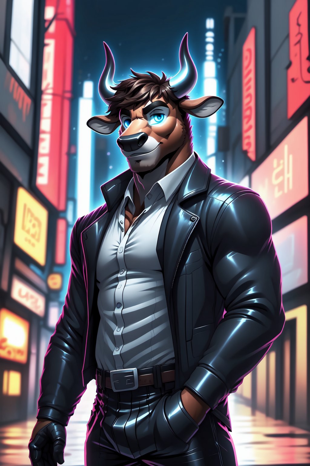 (master_piece1),1boy, male_focus,solo, blue_eyes,gloves,animal_ears,cowboy,cow_ears,cow_horns,furry,furry_male,cowboy_shot, collared_shirt,black_pants,short-hair,black_jacket,looking_at_viewer, shirt,black_pants,brown-hair, brown-fur, brown-hair,portrait,Cyberpunk,good_anatomy,MONOCHROME GLOWING,Muscle