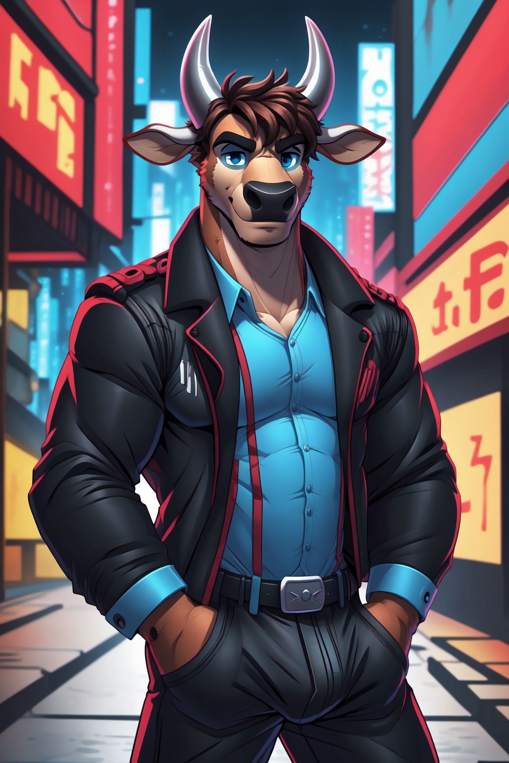 1boy, male_focus,solo, blue_eyes,gloves,animal_ears,cowboy,cow_ears,cow_horns,furry,furry_male,cowboy_shot, collared_shirt,black_pants,short-hair,black_jacket,looking_at_viewer, shirt,black_pants,brown-hair, brown-fur, brown-hair,portrait,Cyberpunk