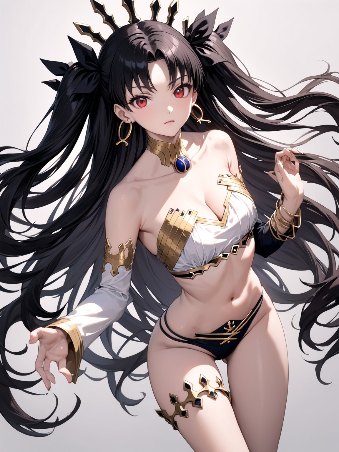 //Quality,
masterpiece, best quality, detailed
,//Character,
solo,ishtar \(fate\), 1girl, red eyes, long hair, two side up
,//Fashion,
navel, cleavage, bare shoulders, collarbone, stomach, bikini, earrings, tiara, hair ribbon, jewelry, detached sleeve, single thighhigh
,//Background,
white_background
,//Others,
