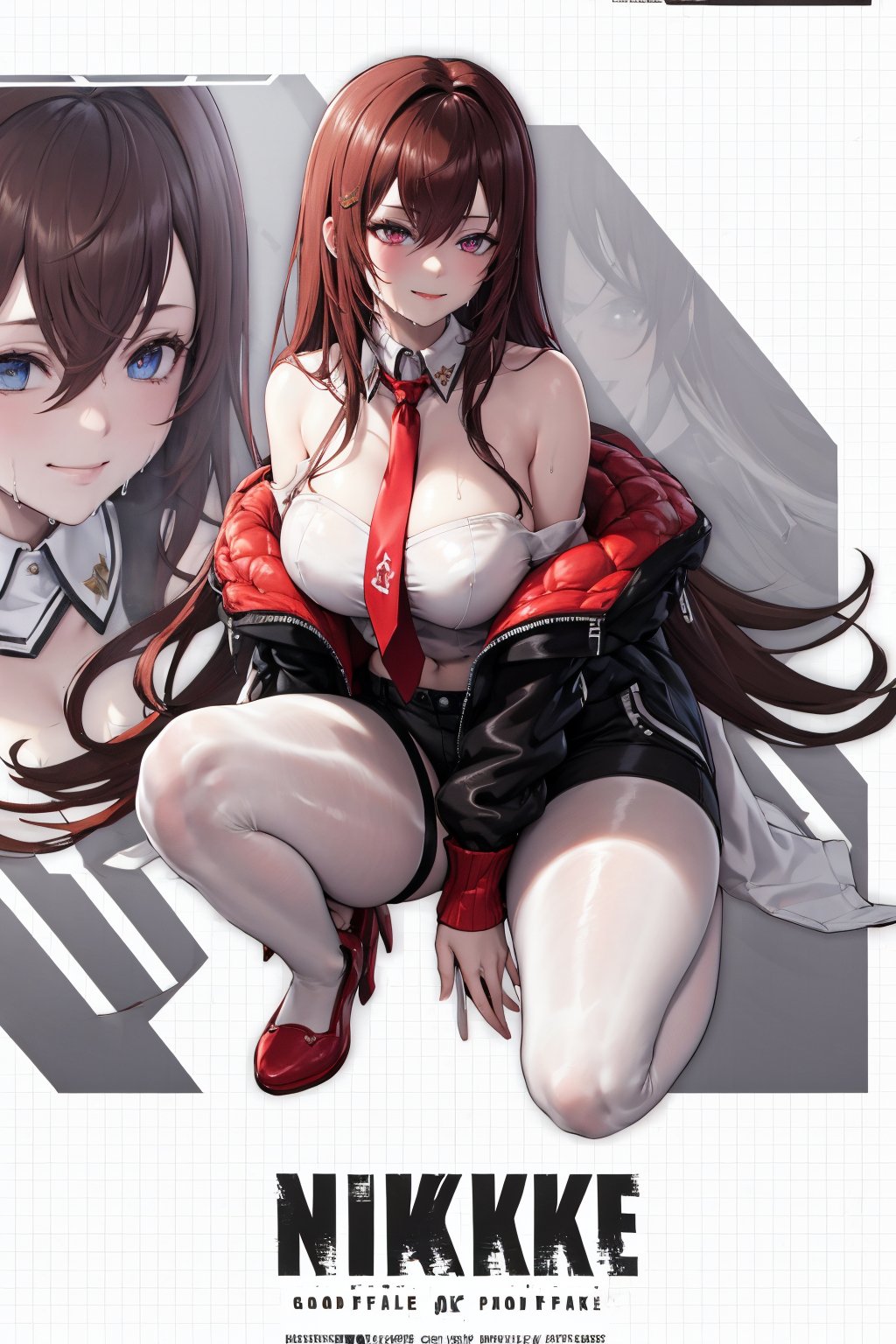 full body, (good eyes,detailed eyes)detailed background, masterpiece, best quality, absurdres, highres, 4k, ray tracing, intricate details, ultra detailed, smile, blush, shy, sweat, wet, makise kurisu, brown hair, earthy_jacket, off shoulder, bare shoulders, mico bukini, black shorts,red_necktie, pantyhose, legwear under shorts, IncrsNikkeProfile,masterpiece,best quality