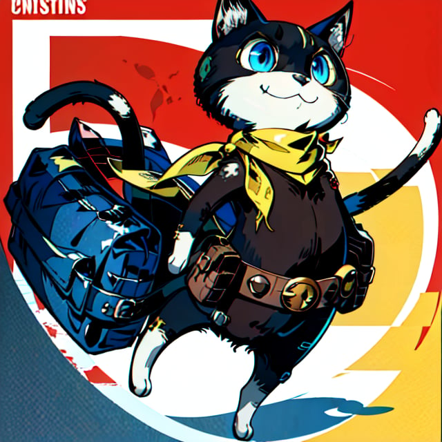 solo, looking at viewer, smile, blue eyes,comic background, closed mouth, tail, full body, belt, scarf, neckerchief,furry, cat, red background, pouch, black cat, animal focus, yellow scarf, morgana ,persona 5